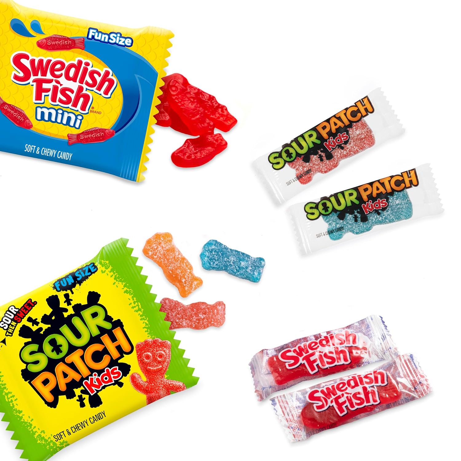 sour patch kids, sour patch kids big kids, swedish fish and swedish fish mini assorted soft & chewy easter candy variety pack, bulk, 140 snack packs