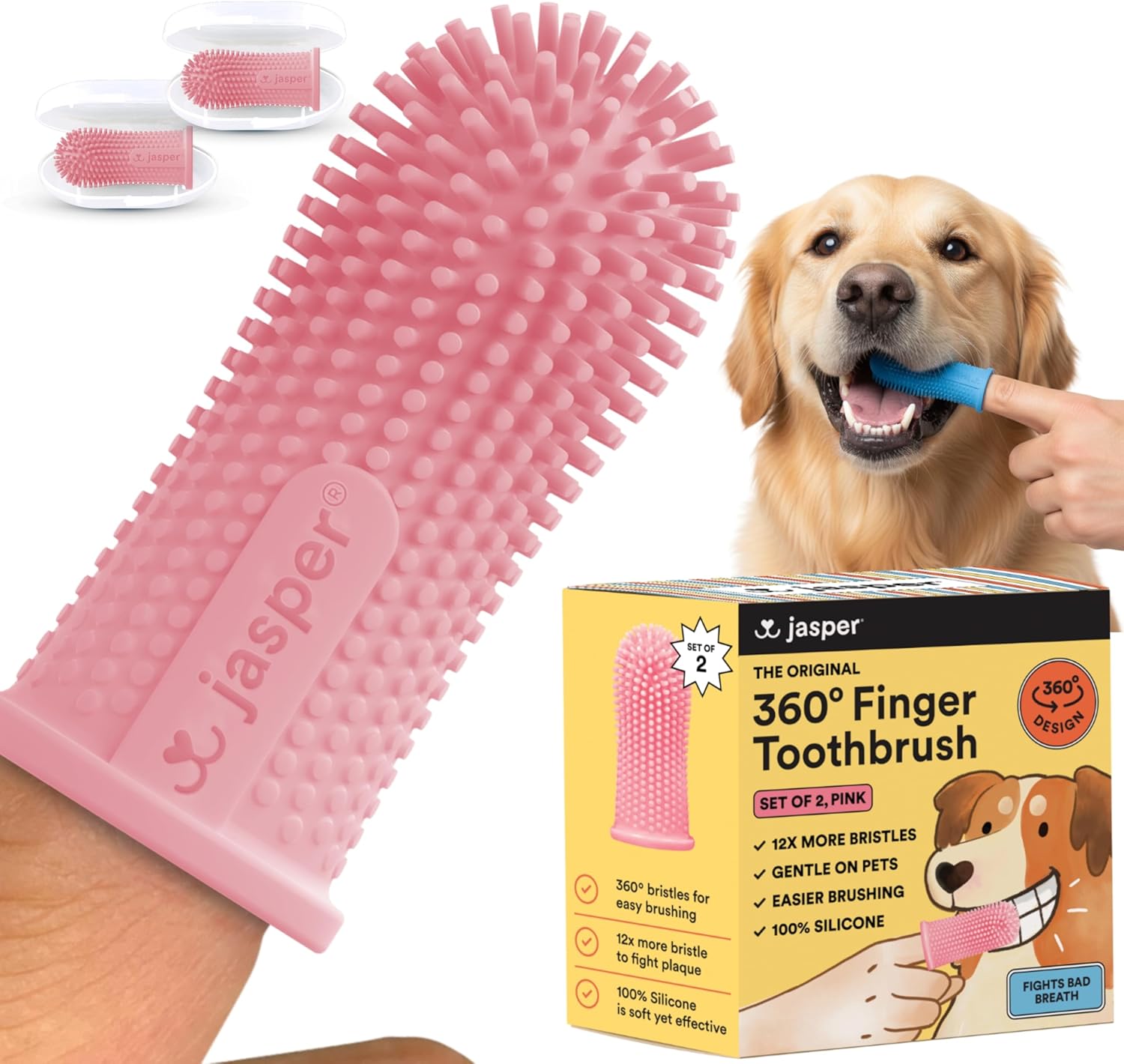 Jasper 2-pack 360-degree dog toothbrush kit for small and large pets, blue