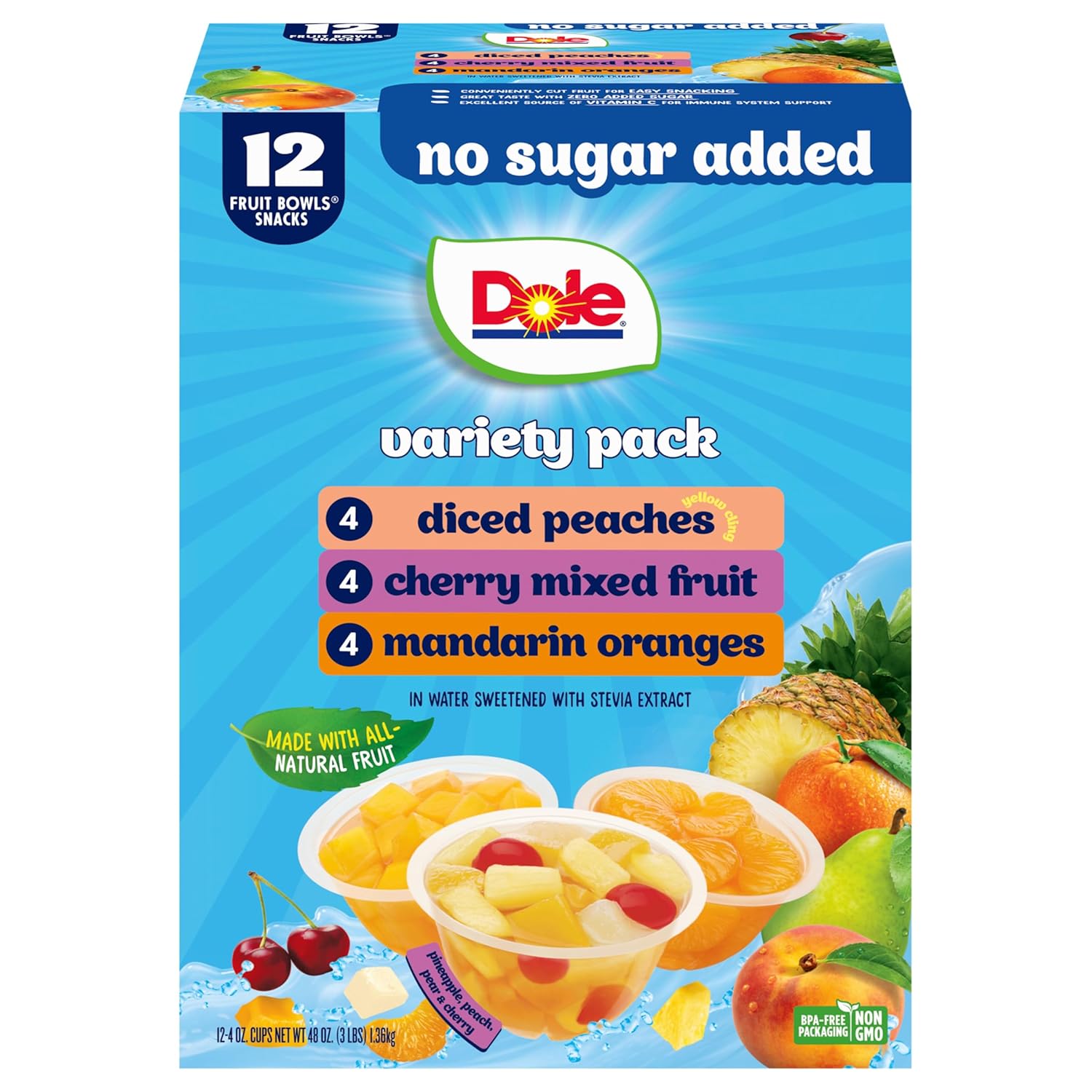 dole diced peaches mandarin oranges cherry mixed fruit no sugar added variety pack - 12 pack