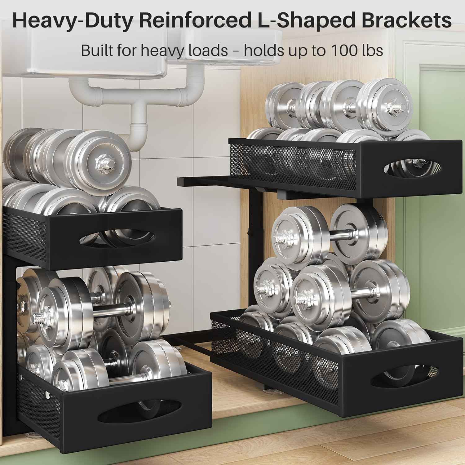 Under Sink Organizer, 2 Tier Pull out Cabinet Organizer Baskets with Mesh Sliding Drawers, Slide out Storage Shelf for Home, Kitchen, Bathroom, Pantry, Office Cabinet, Countertop(1 Pack)