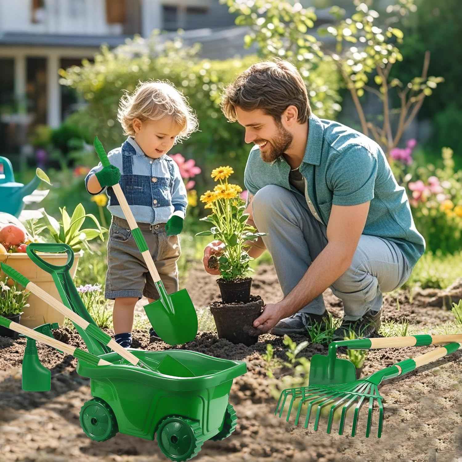 Duckura Kids Gardening Tools Set - 7pcs Wheelbarrow Set for Kids with Shovel, Rake, Leaf Rake, Summer Outdoor Yard Digging Weed Birthday Gifts Toys, Valentine's for Boys Girls Age 2 3+ Years(Green)