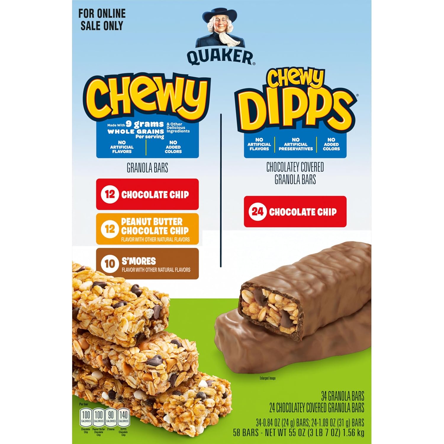 Quaker Chewy Granola Bars, Chewy & Dipps Variety Pack, 58 Bars, Whole Grains, No Artificial Flavors