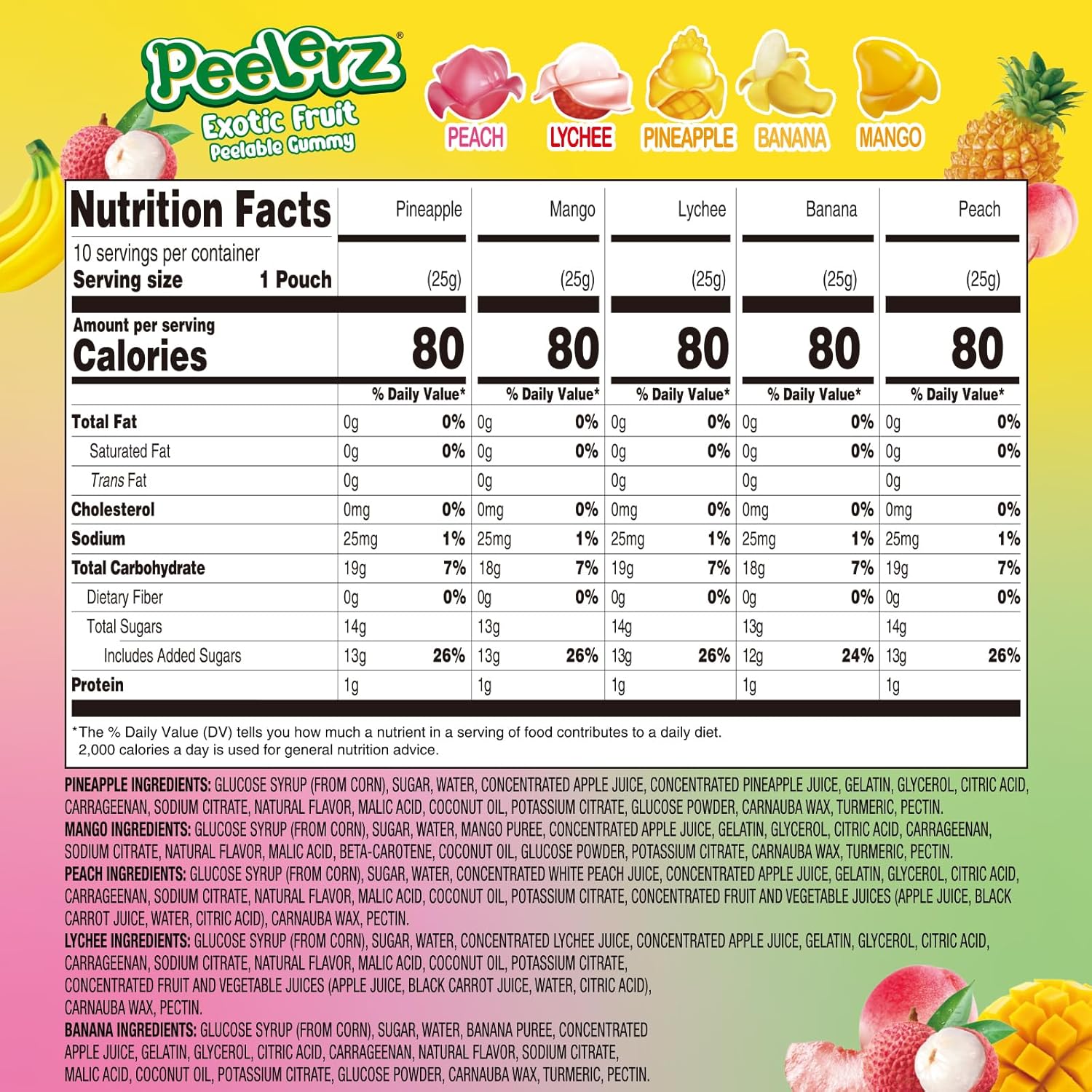Amos Peelerz exotic fruit peelable gummy candy, 5 flavors, individually wrapped, 8.47oz, 240g