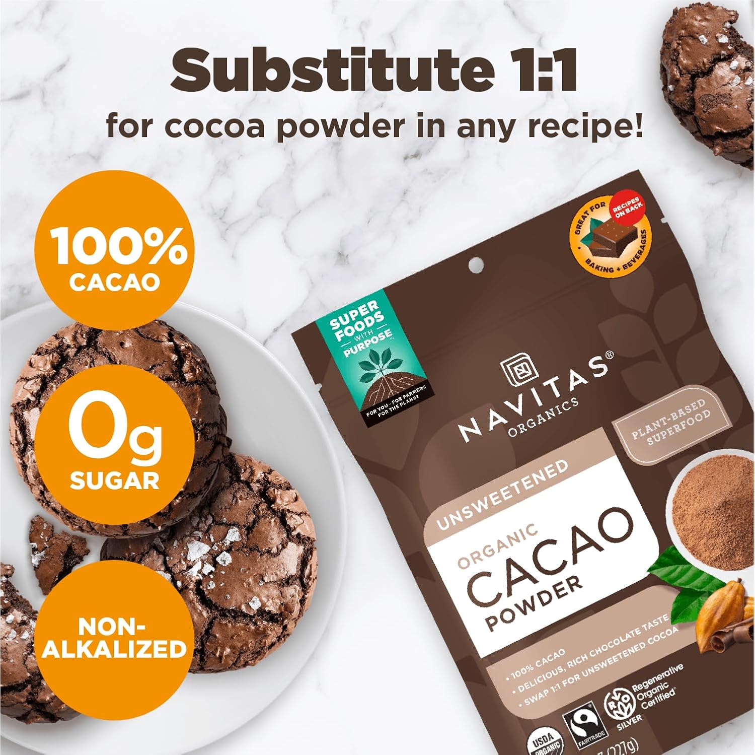 navitas organics cacao powder, 1:1 substitute, regenerative organic certified, 24oz, 113 servings