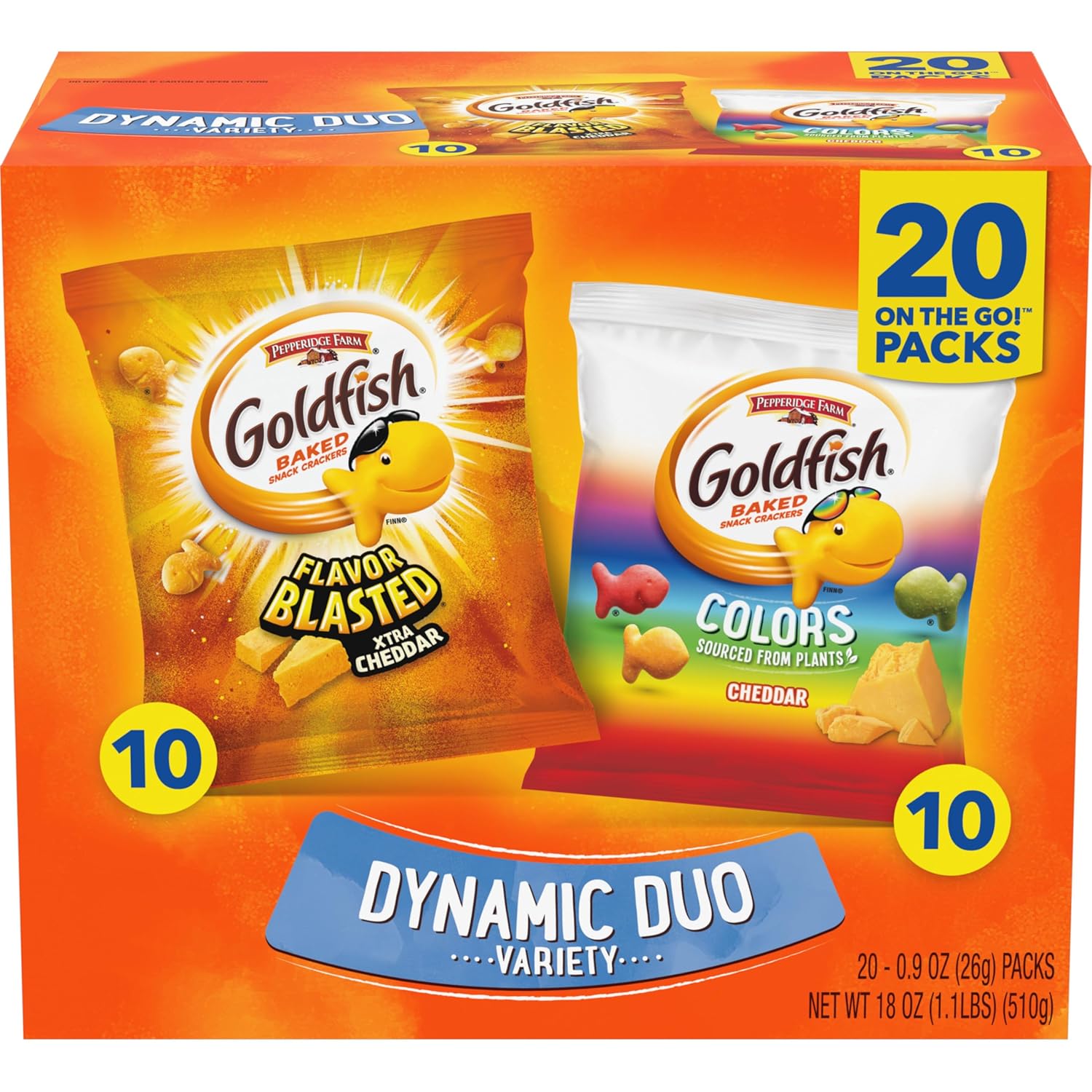 goldfish dynamic duo variety pack cheddar flavor blasted xtra cheddar snack packs 20 count