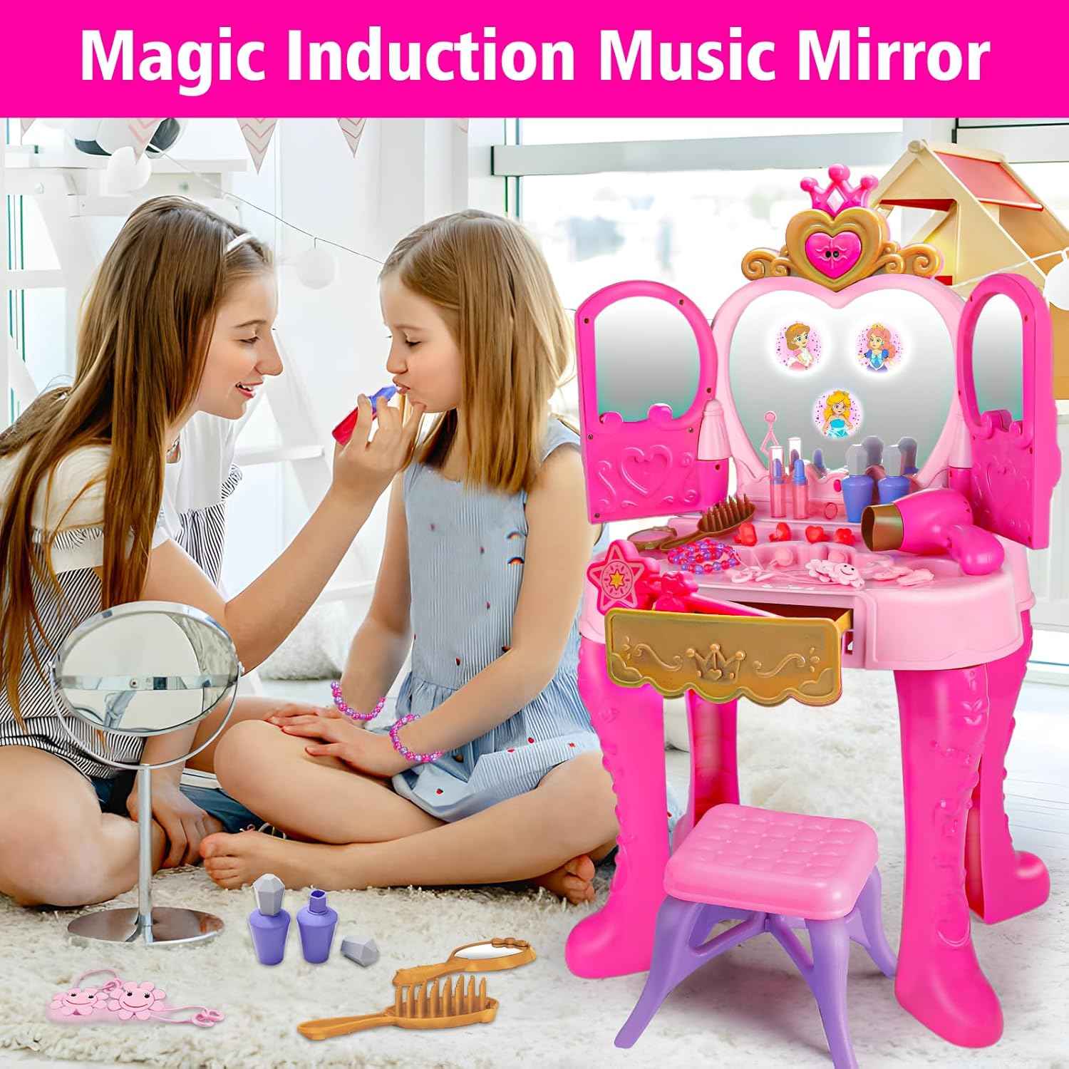 Toddler Vanity Magic Makeup Set Table & Chair Girl Toy Automatically Mirror with Music Light Pink Toys for 2 3 4 Year Old Girl Hair Salon Pretend Play Princess Dress Up Playset Valentine Gift age 3-5
