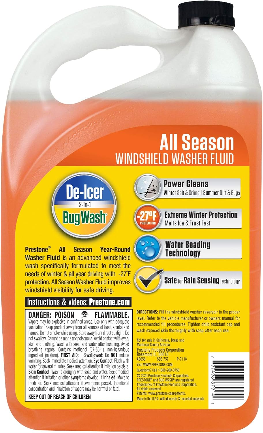 Prestone AS658 2-in-1 windshield washer fluid, 1 gallon, advanced winter de-icer and summer bug wash