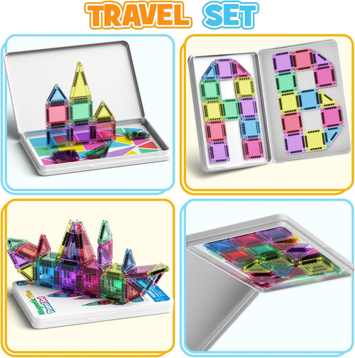 42PCS Mini Magnetic Tiles Travel Set with Iron Storage Box - Portable STEM Building Blocks for Kids 3-8, Montessori Educational Magnet Toys for Airplane, Car Rides & On-The-Go Play