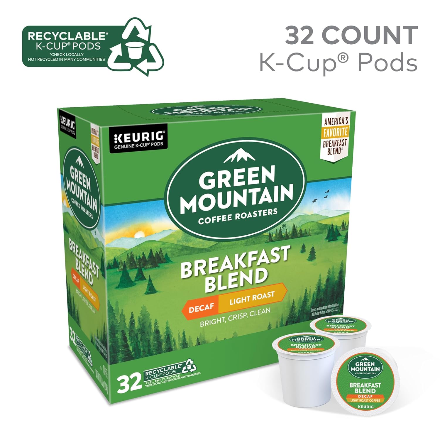 Green Mountain Coffee Roasters Decaf Breakfast Blend, 32-count, single-serve K-Cup pods, light roast, Orthodox Union Kosher