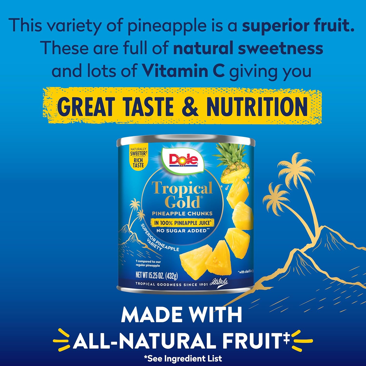 Dole Tropical Gold Pineapple Chunks in 100% Pineapple Juice, Gluten Free, 15.25 Oz, 12 Count