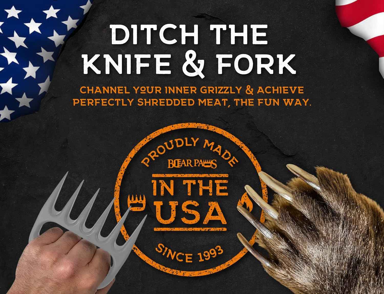 Bear Paws Meat Claws - The Original Meat Shredder Claws for Pulled Pork, USA Made - Easily Lift, Shred, Pull and Serve Pork, Chicken, Brisket and Turkey - Gift for Dad on Father's Day! (Gray)