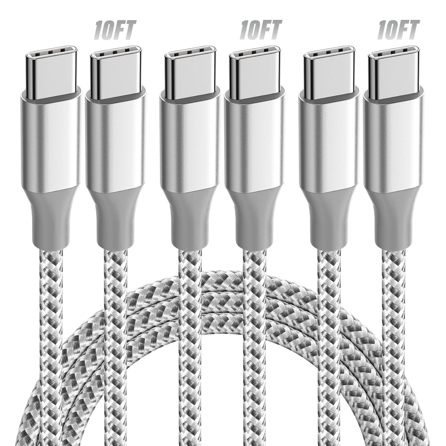 KYEHD 3-pack 10FT 60W fast charging USB-C cables for iPhone 17/16/15, iPad, MacBook, CarPlay and more, grey and white