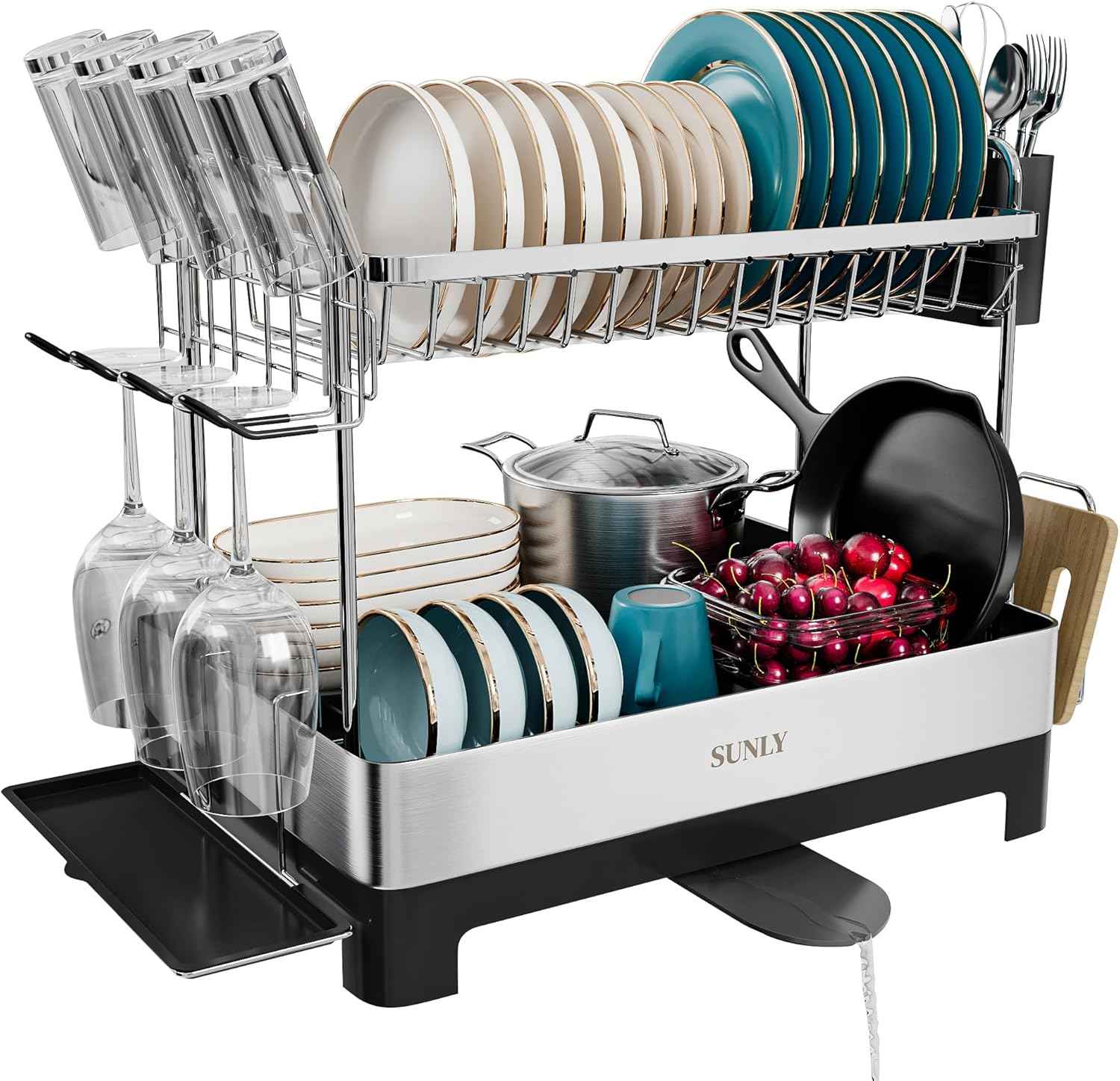 SUNLY 2 Tier Dish Drying Rack, Extra Large Dish Rack, Expandable Dish Racks for Kitchen Counter, Multifunctional Large Dish Drainers for Kitchen Counter, Black
