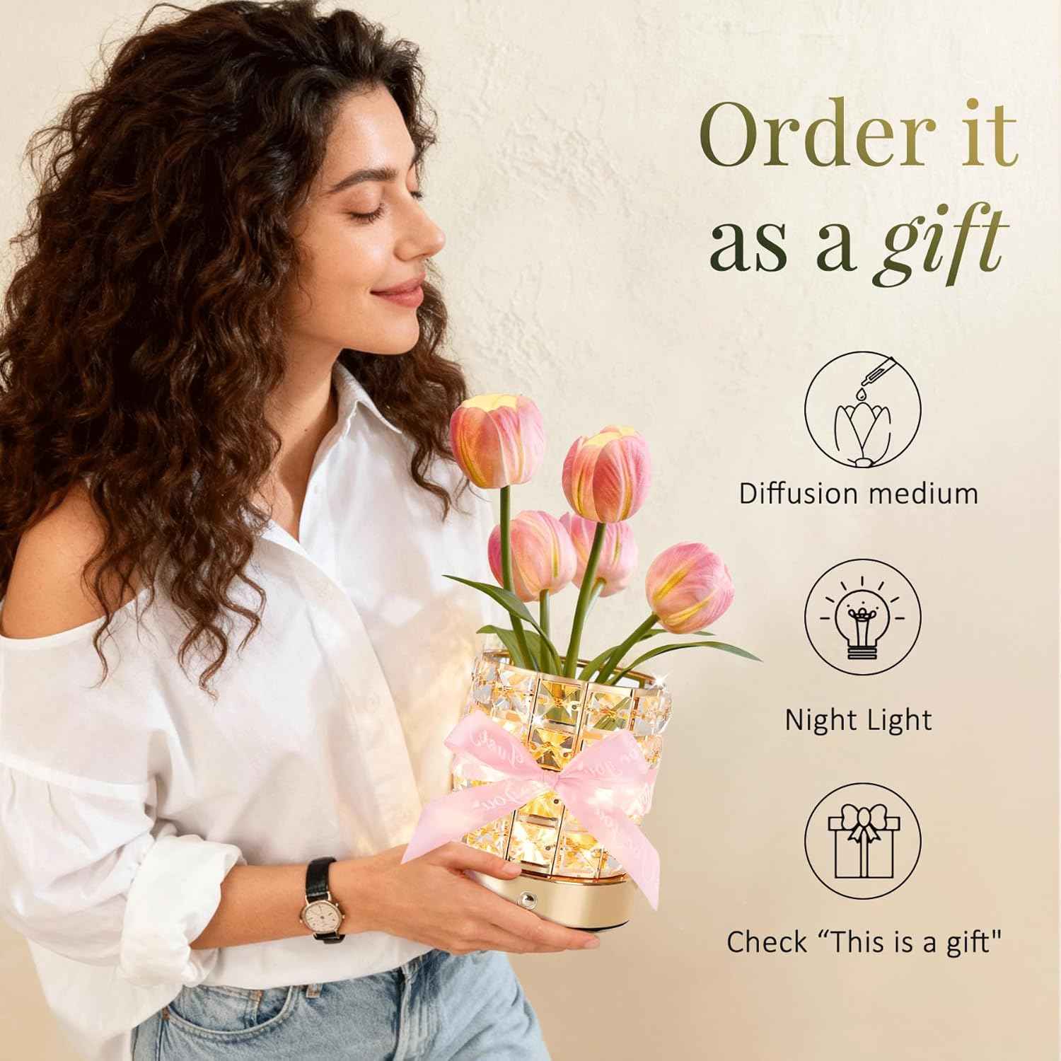 Tulip Flower Lamp, Valentine’s Day Gifts for Women, Romantic Home Decor Flower Gift for Girlfriend Wife, Rechargeable Cordless Touch Table Lamp, 3 Color Infinitely Dimming Night Light