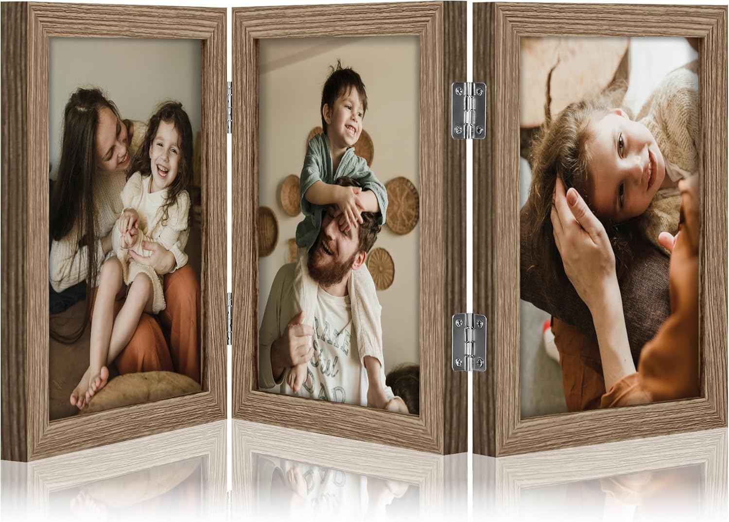 decorUhome Triple 4x6 Picture Frame Vertical, Engineered Wood Trifold Photo Frame with Plexiglass for Tabletop Display, 4x6, Black