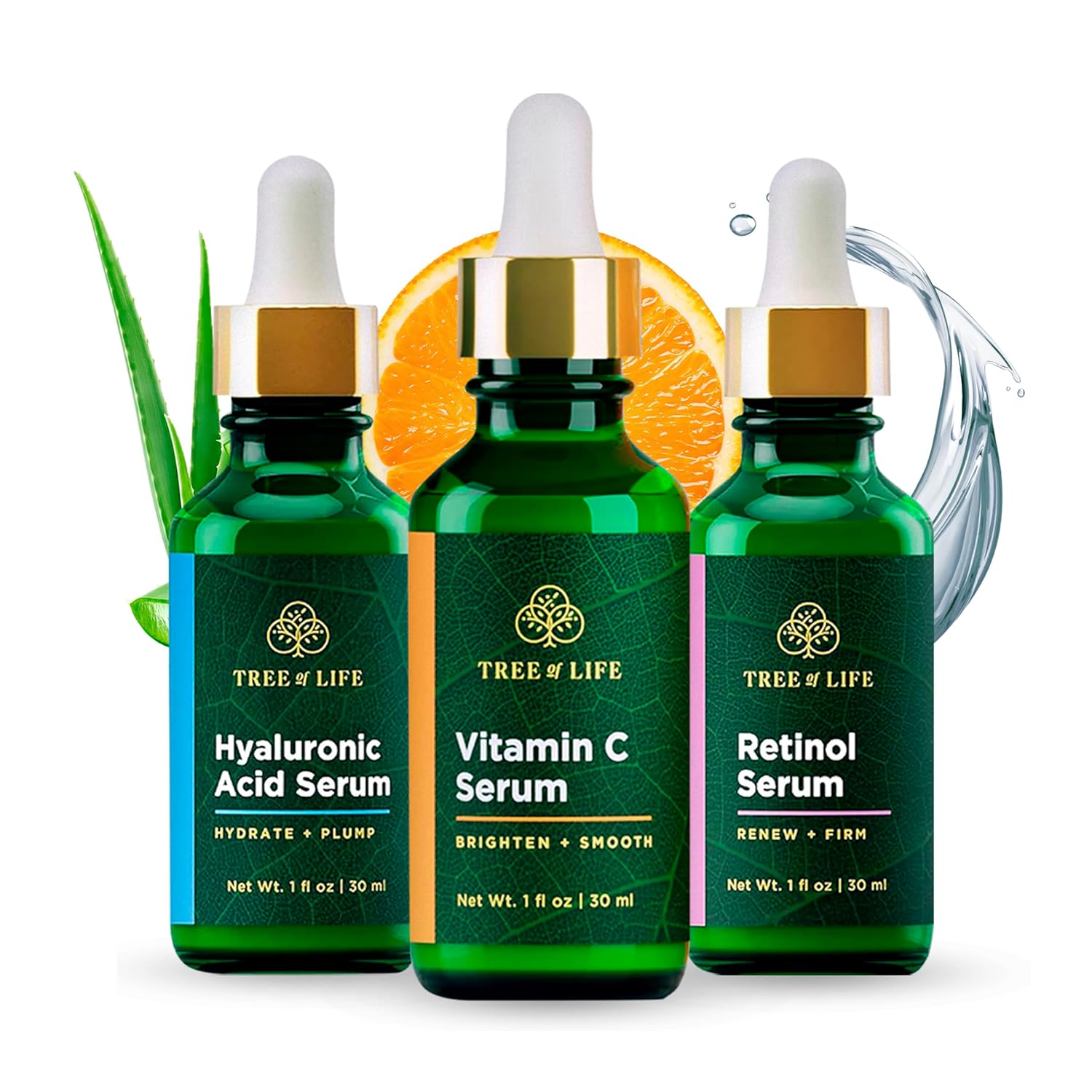 Tree of Life Beauty Facial Skin Care Set, 3 count, 1 fl oz each, Vitamin C, Retinol, Hyaluronic Acid, for dry and sensitive skin