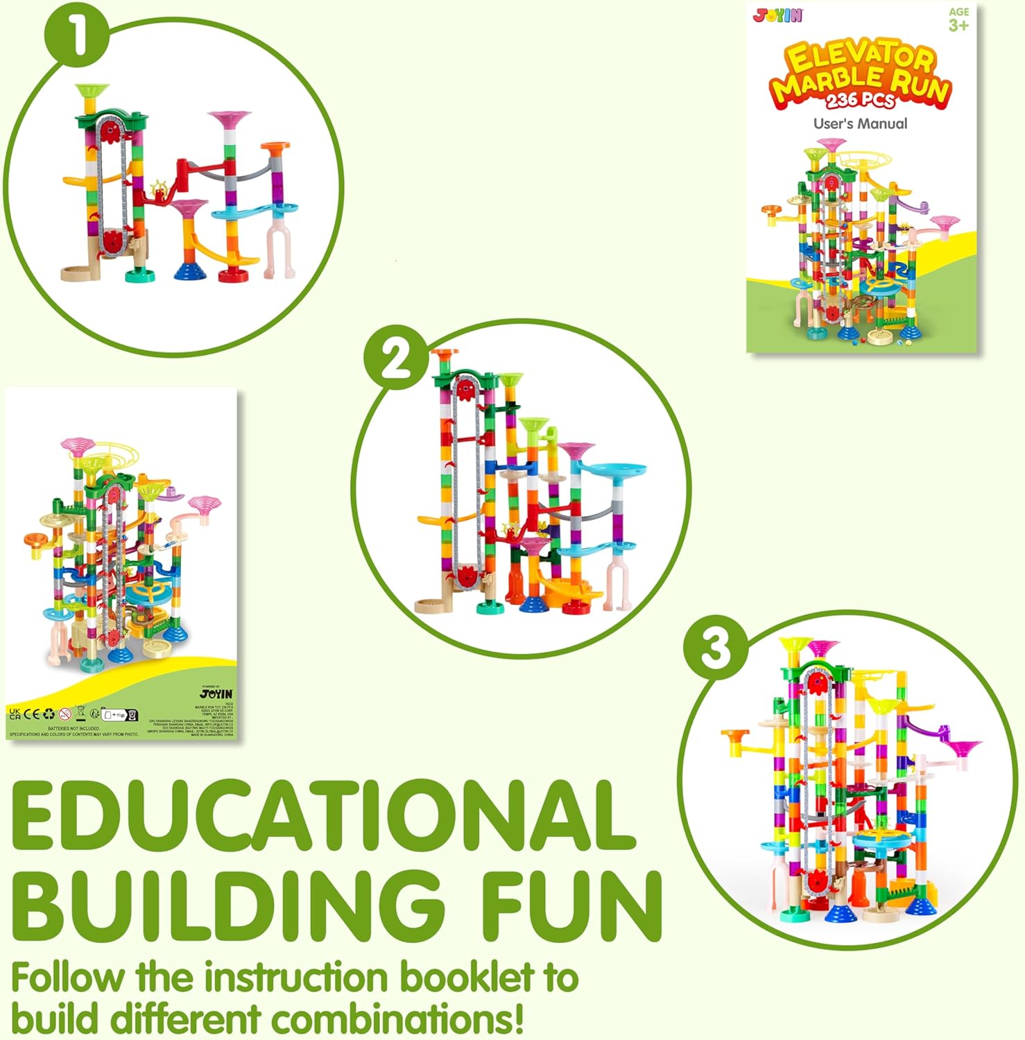 JOYIN 236Pcs Glowing Marble Run with Motorized Elevator- Construction Building Blocks Toys with 30 Glow in The Dark Plastic Marbles, STEM Toy for Boys and Girls, Birthday Gift, Easter Basket Stuffers