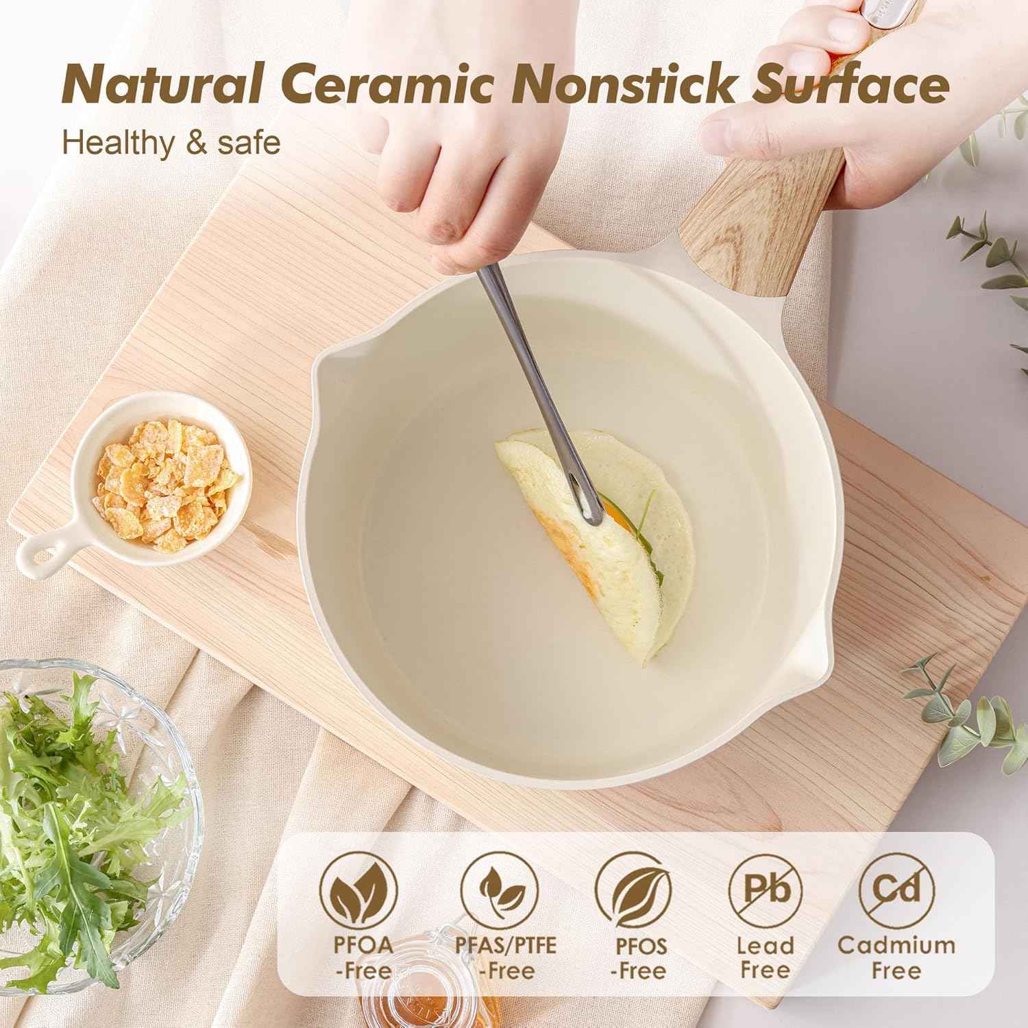 SENSARTE Ceramic Nonstick Sauce Pan with Lid, 3.0 Quart Saucepan with Double Spout, Large Cooking Pot, Non toxic Kitchen Sauce Pot, Non stick Saucier Pan, Induction Cookware, PFOA PTFE PFAS Free