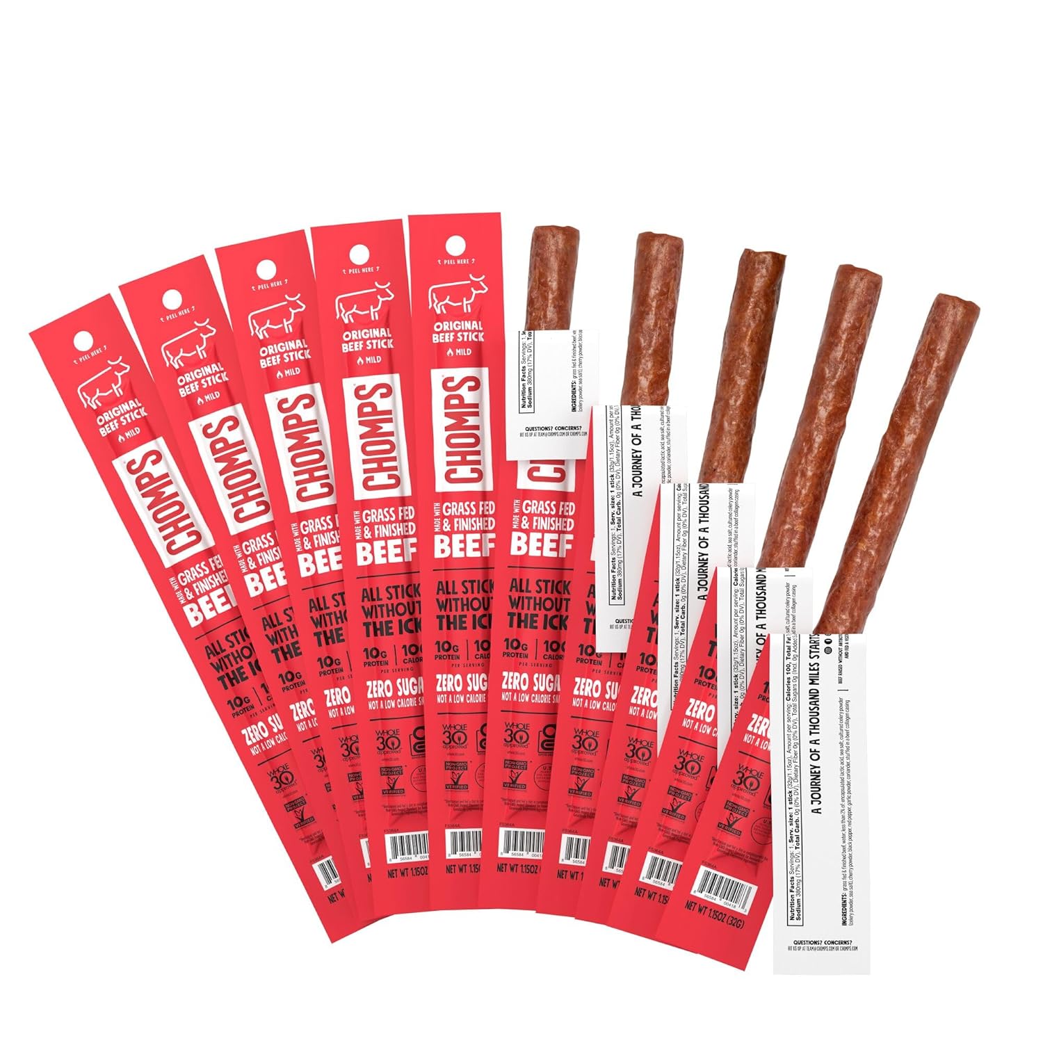 Chomps 10-pack grass-fed beef jerky snack sticks, keto, paleo, whole30, 10g protein, zero sugar, gluten-free