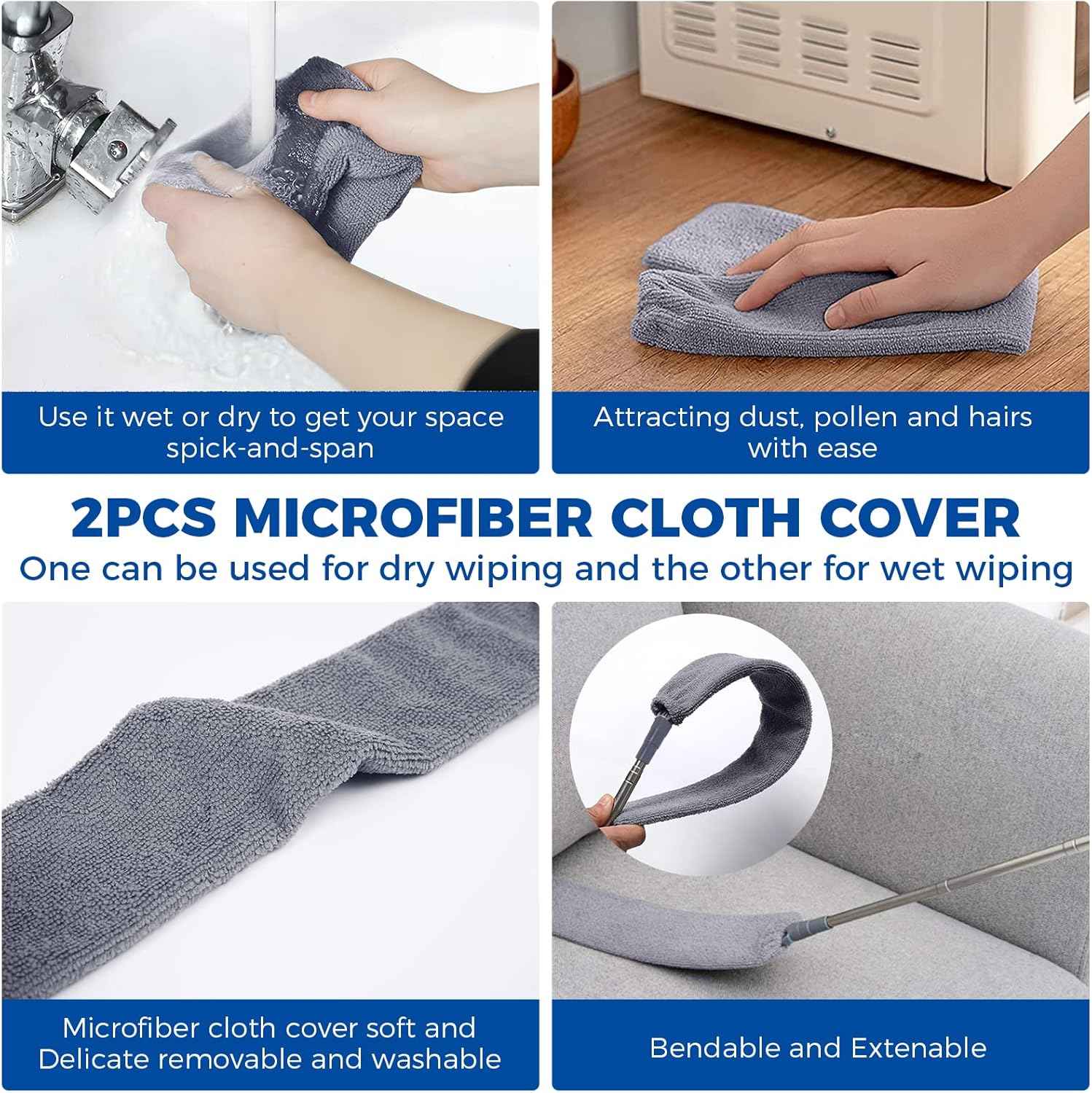 Retractable Gap Dust Cleaner Cleaning Tools with 2 Microfiber Dusting Cloths Long Handle 60inches Washable and Retractable Duster Brush for Cleaning Under Appliances Furniture Couch Fridge
