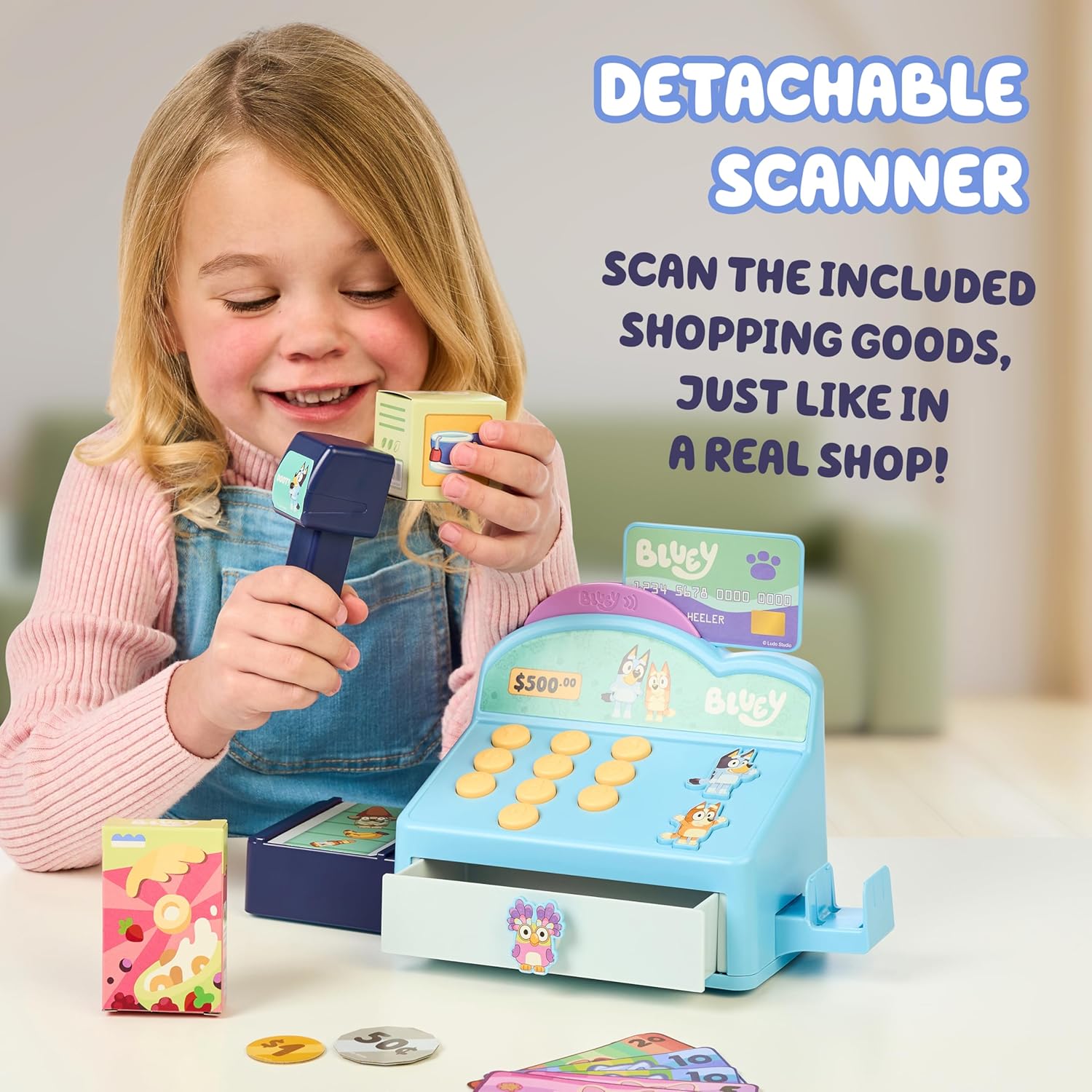 Bluey Cash Register Playset, Interactive Play Register with Scanner | Includes toy credit card, Dollar Bucks, storage drawer, and detachable scanner for grocery store pretend play