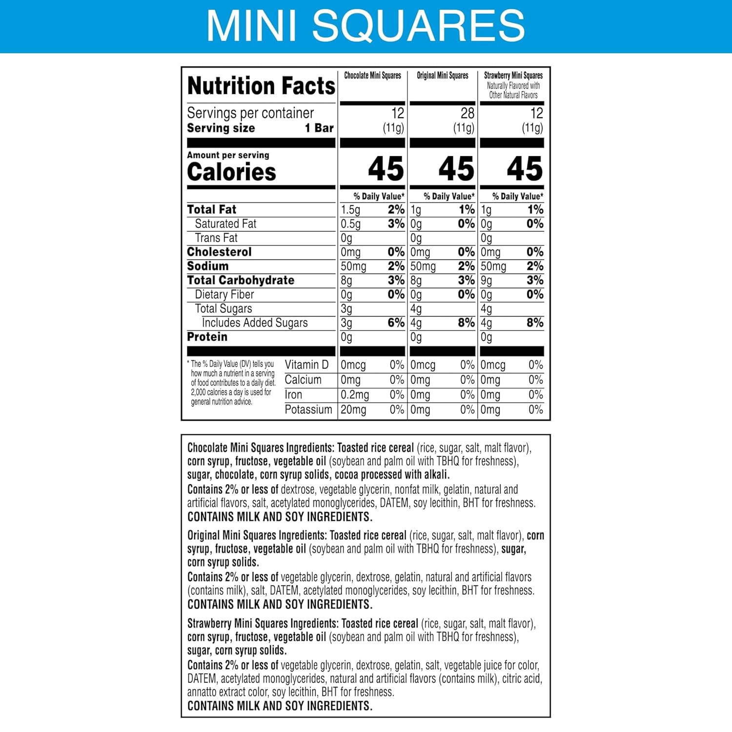 Kellogg's Rice Krispies Treats Mini Crispy Marshmallow Squares, Variety Pack, 20.1oz Box, 52 Bars, Chocolate, Original, Strawberry Flavors