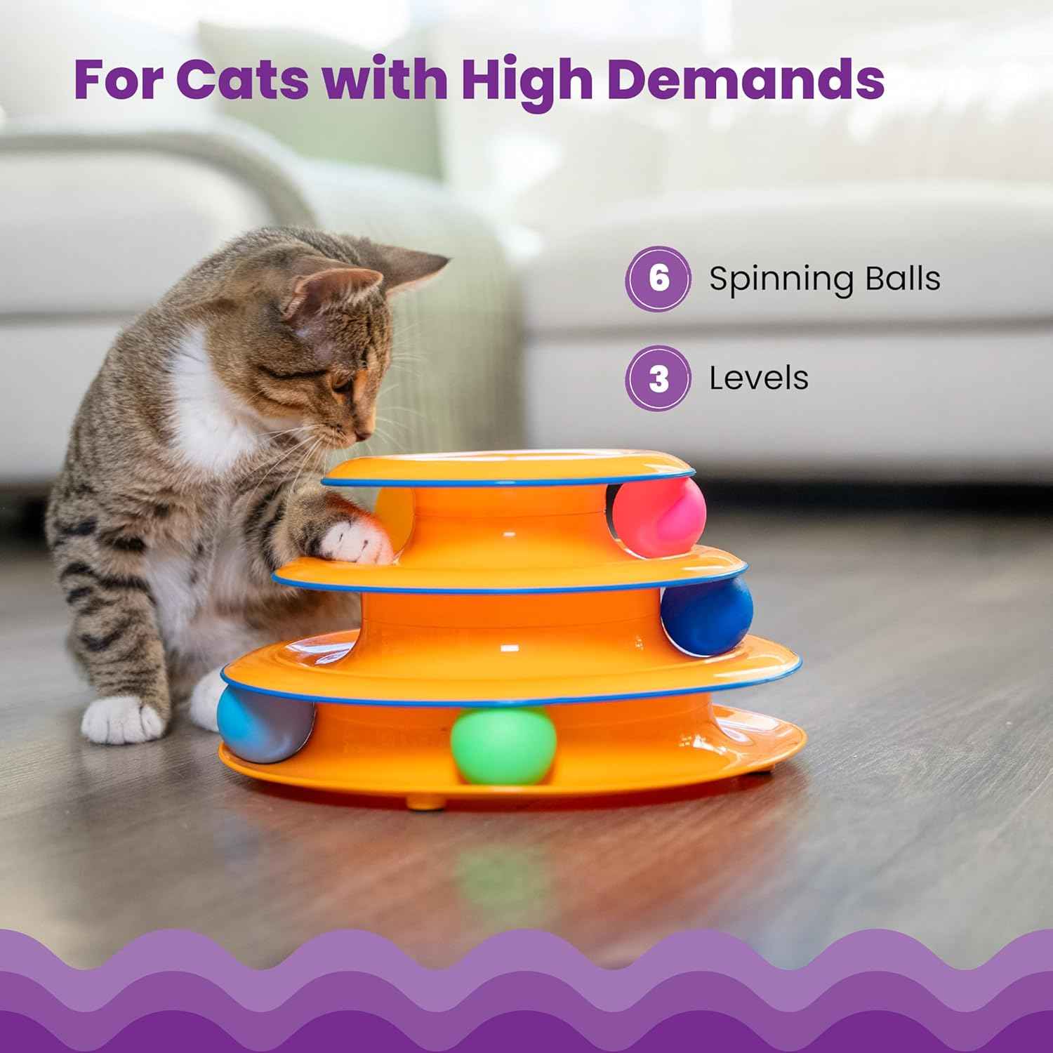 Catstages Tower of Tracks – 3-Level Interactive Cat Toy with 6 Spinning Balls, Non-Slip Base, Ideal for Indoor Cats, Orange