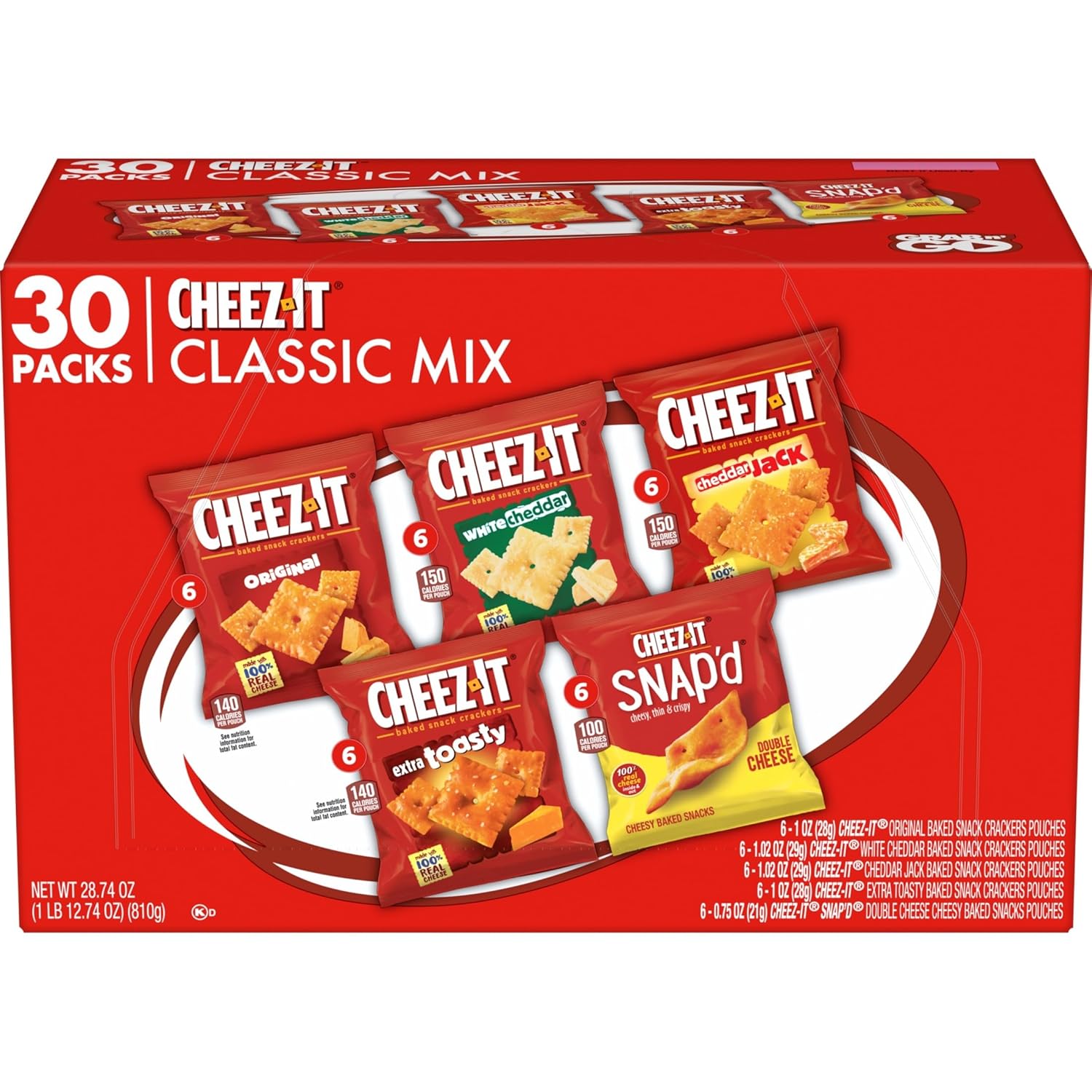 Cheez-It Original, Extra Toasty, Cheddar Jack, White Cheddar, and Cheez-It Snap'd Double Cheese Baked Snack Crackers Variety Pack, 28.74oz Box (30 Packs)