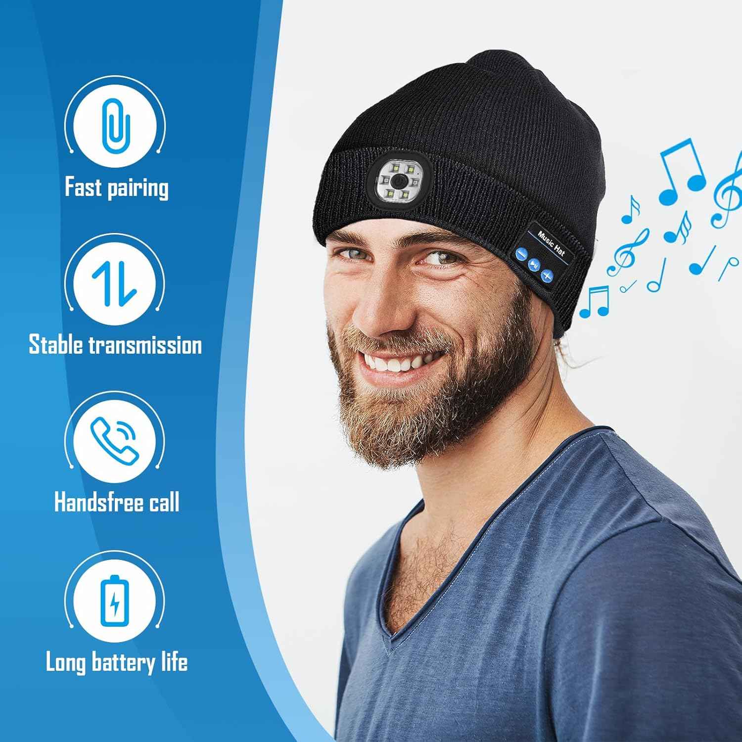 Gifts for Men, LED Bluetooth Beanie Hat, Valentines Day Gifts for Him, Anniversary Birthday Gift for Men Dad Him Husband Grandpa, Mens Valentines Gift for Camping Hiking Accessories Cool Gadgets