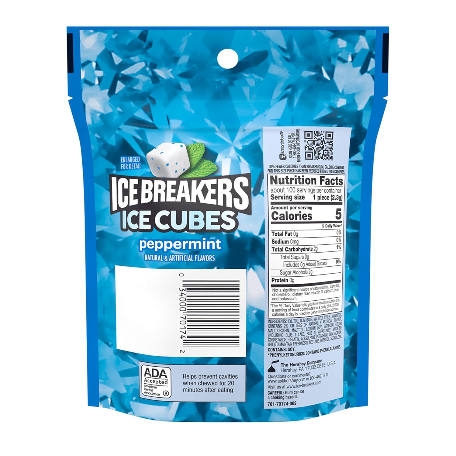 ICE BREAKERS Peppermint Sugar Free Chewing Gum 8.11 oz, 100 pieces in a resealable pouch