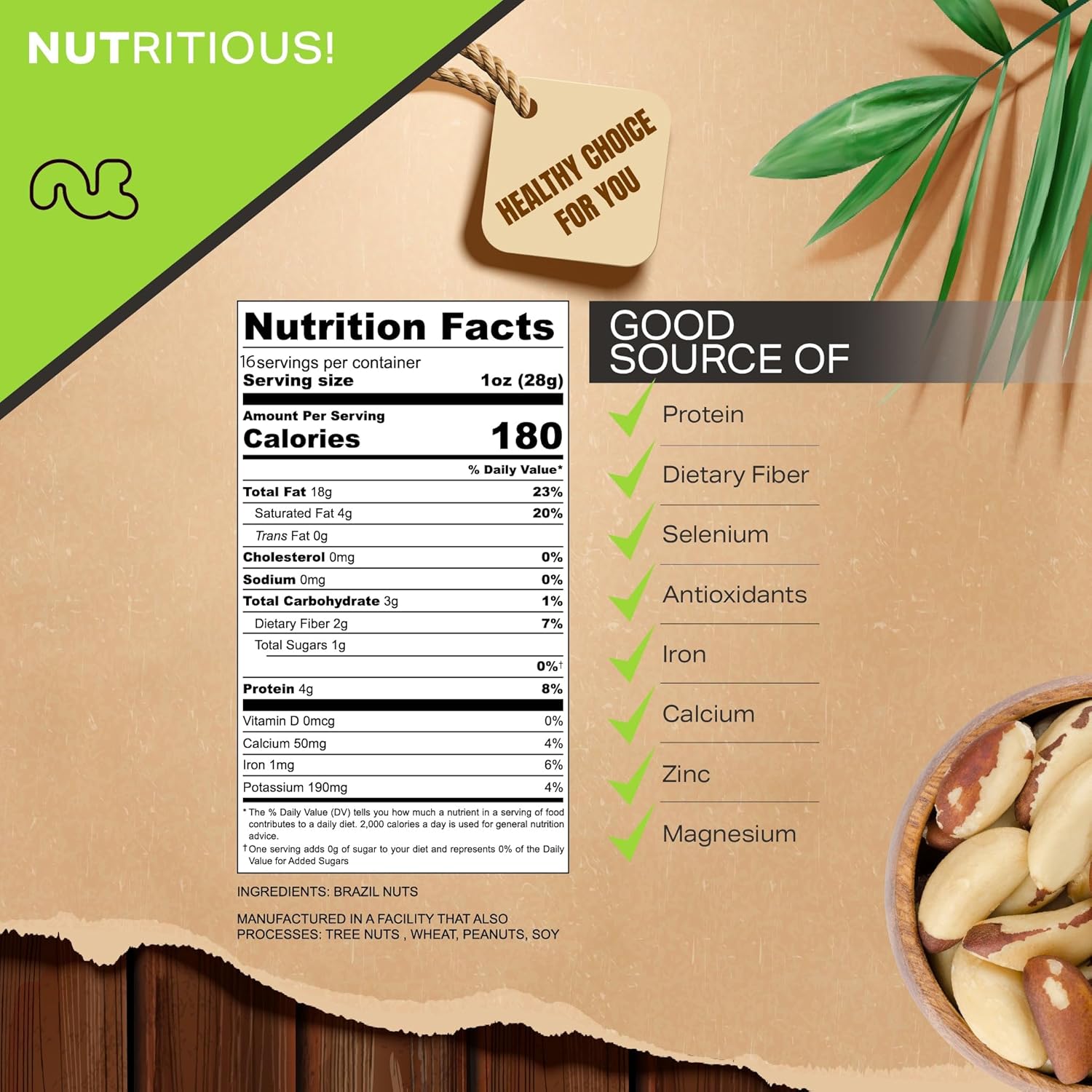 Raw Brazil Nuts, unsalted, no shell, whole, 16oz - 1 LB, packed fresh in resealable bag, kosher healthy snack
