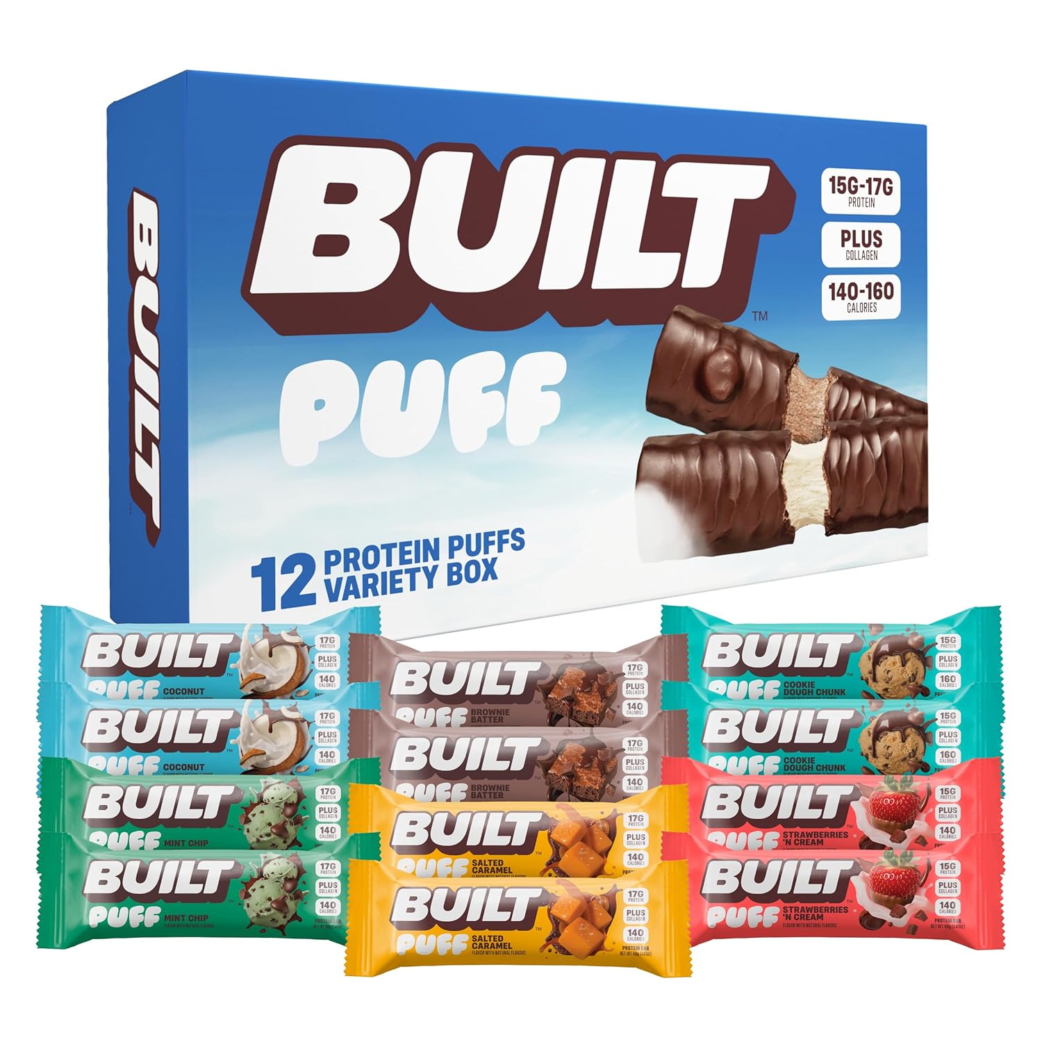 Built Bar, Collagen Puff Protein Bars Variety Pack, 12 Pack, On-the-go Snacks, Breakfast, Assorted Flavors