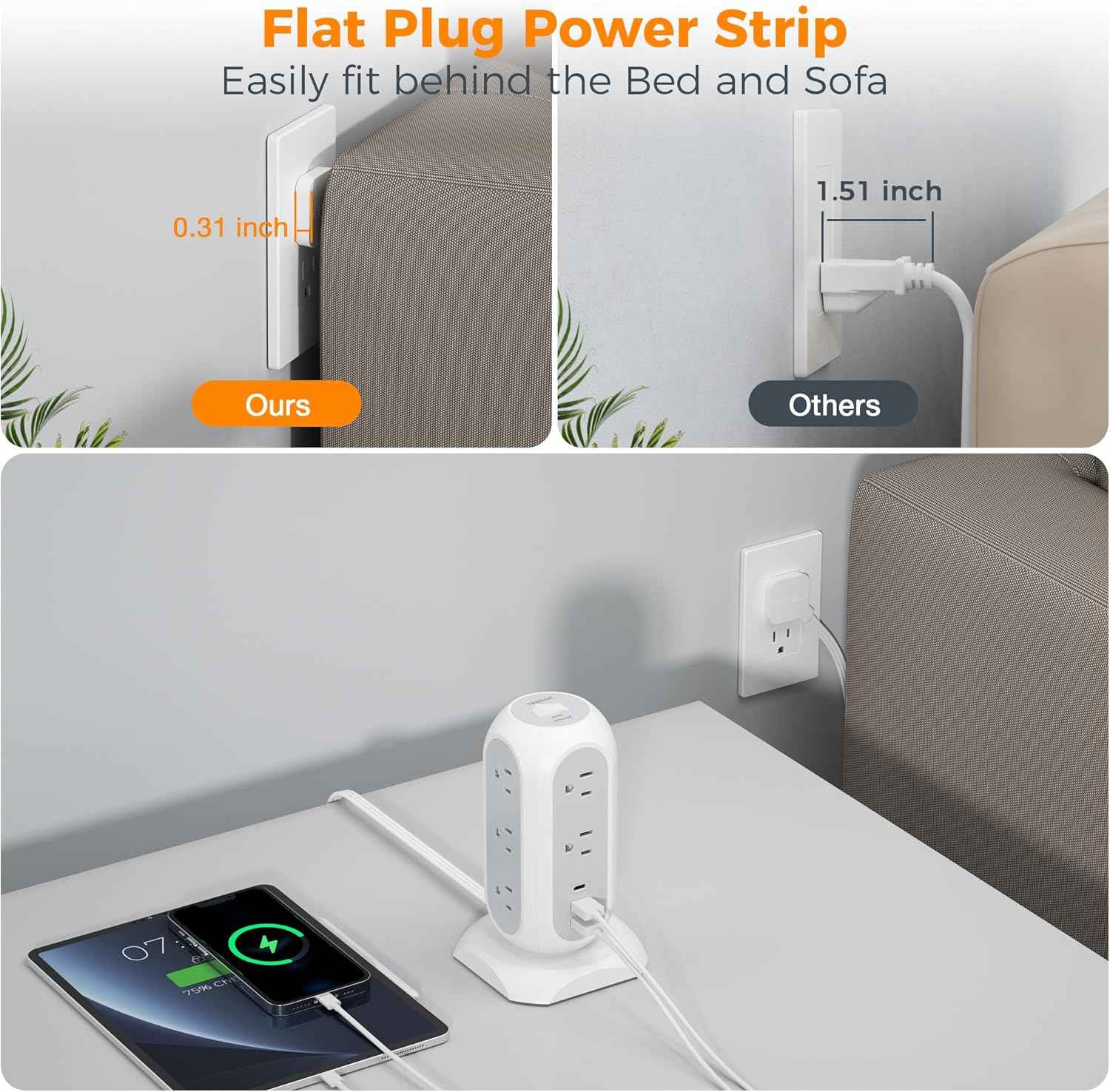 Tower Power Strip Flat Plug with 11 Outlets 3 USB (1 USB C), TESSAN Surge Protector Tower 1625W/13A,1050J Protection, 6 Feet Extension Cord with Multiple Outlets, Office Desk Supplies, Dorm Essentials