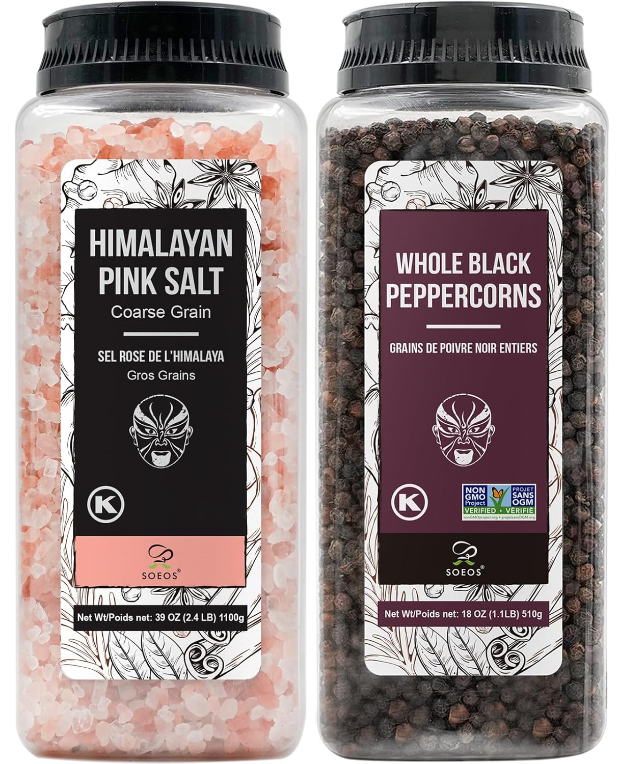 soeos Himalayan pink salt 39 oz + whole black peppercorns 18 oz coarse grain kosher salt non-gmo verified