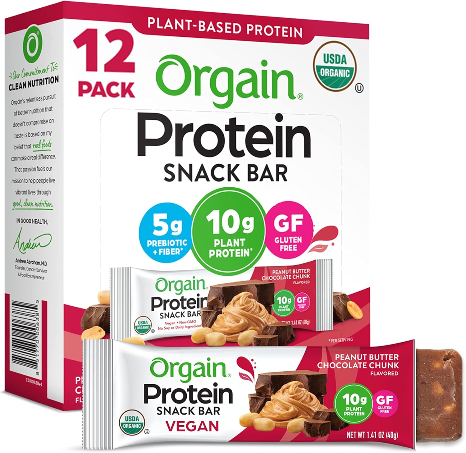 Orgain organic vegan protein bars, 10g plant based protein, peanut butter chocolate chunk, gluten free, non-gmo, 1.41 oz, pack of 12