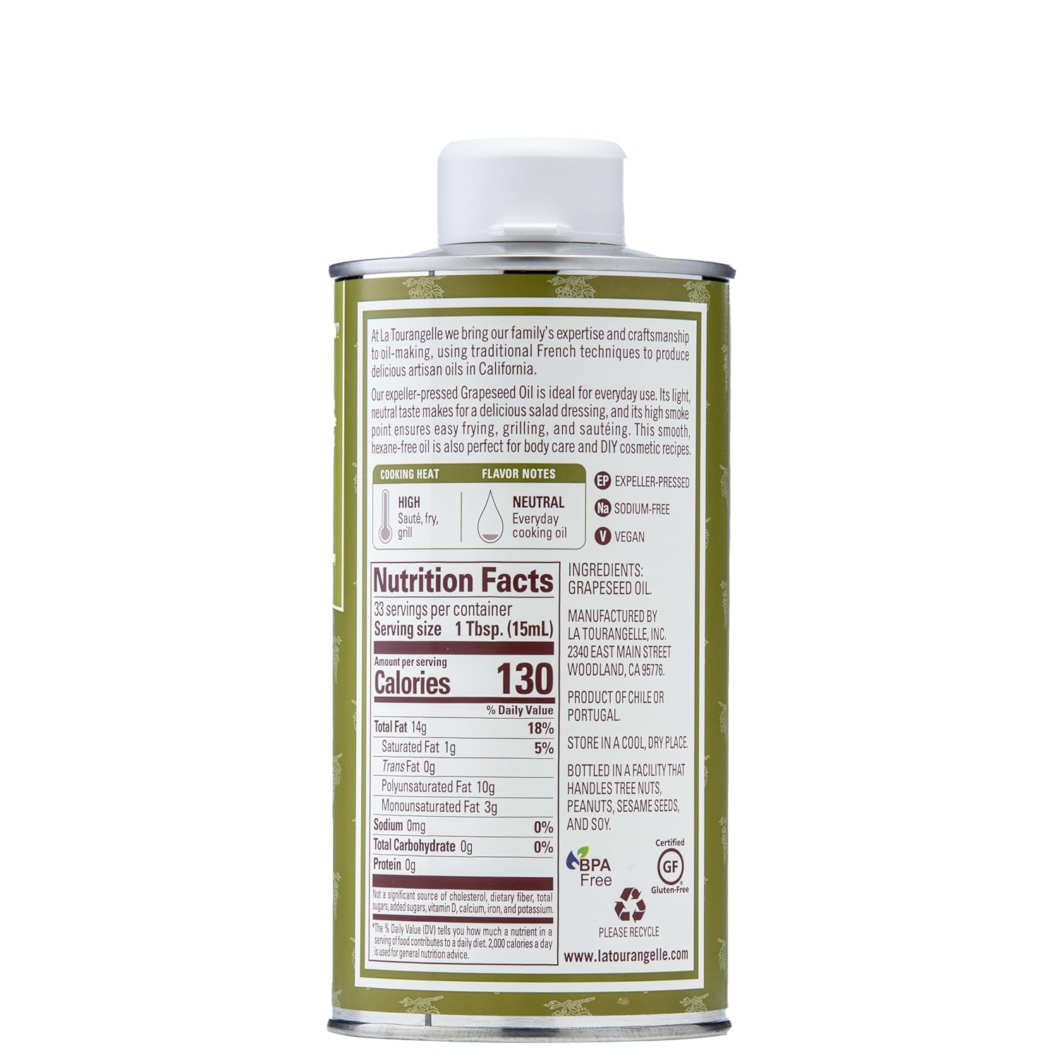 la tourangelle expeller-pressed grapeseed oil, 16.9 fl oz, high heat neutral cooking oil and skincare