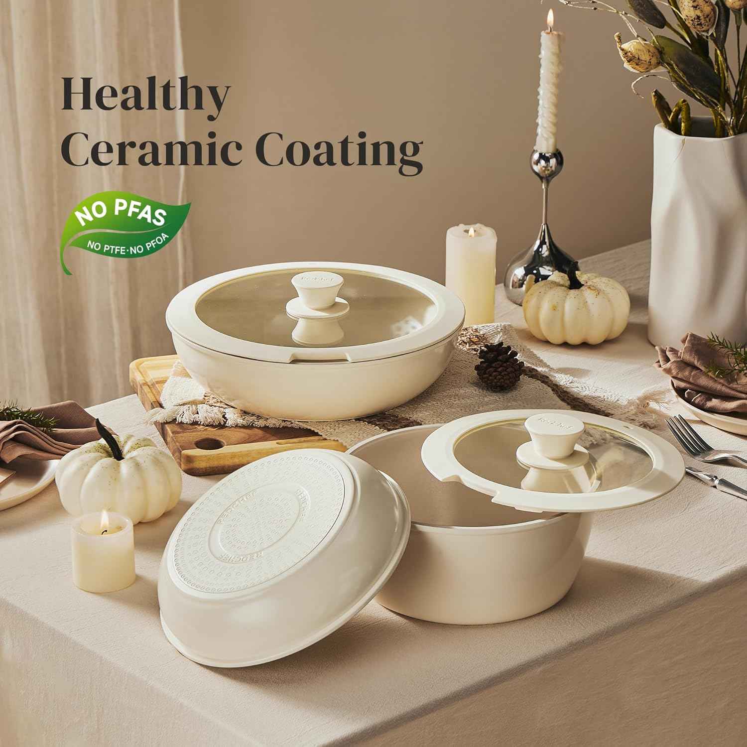 Redchef Ceramic Pots and Pans Set, Nonstick Kitchen Cookware Set with Detachable Handle, Non Toxic Cookware Set 16pcs, PFAS PFOA & PTFE Free, RV Ceramic Cookware for Camping, Dishwasher/Oven Safe