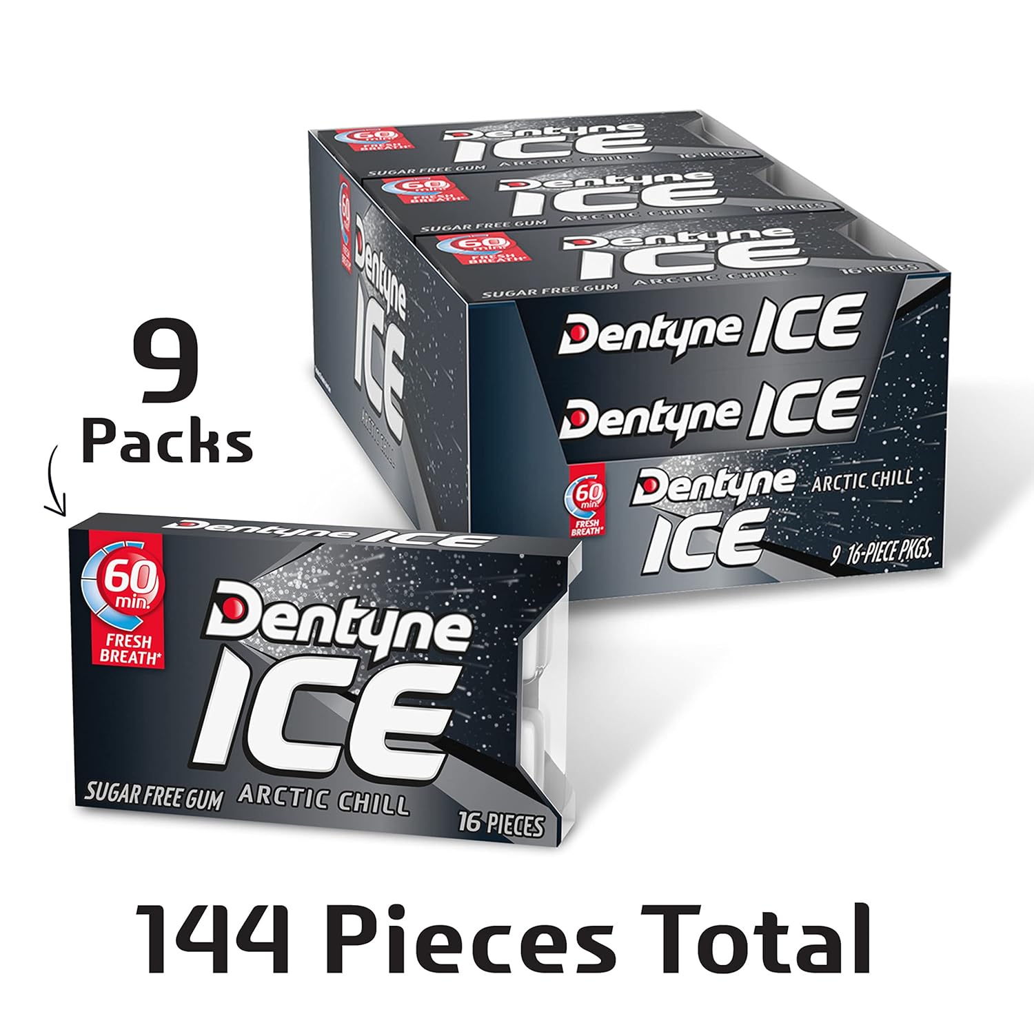 dentyne ice arctic chill sugar free gum, 9 packs of 16 pieces each, 144 total pieces