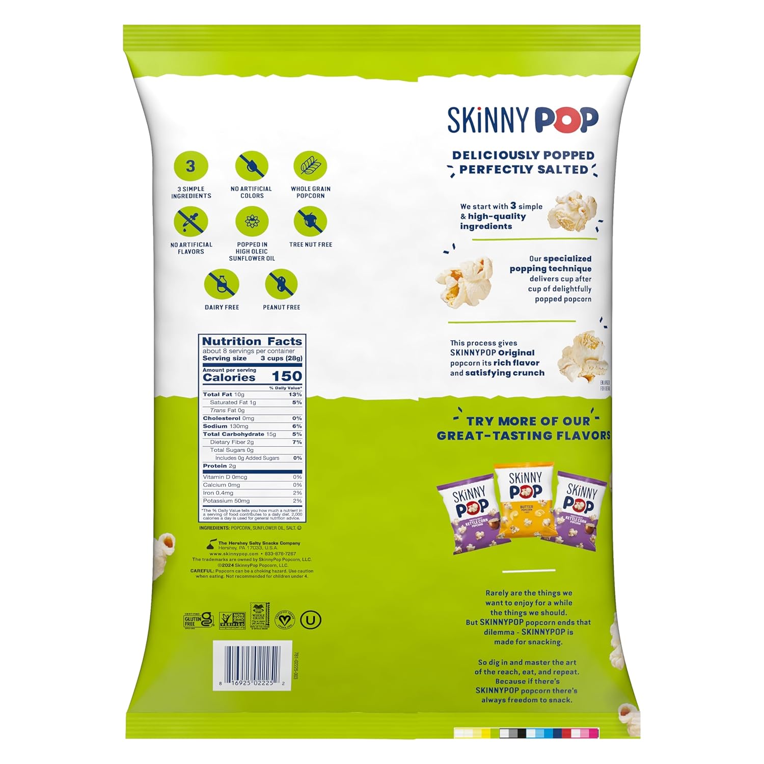 SkinnyPop Original Whole Grain Popcorn 8oz Family Size Bag Dairy-Free Snack