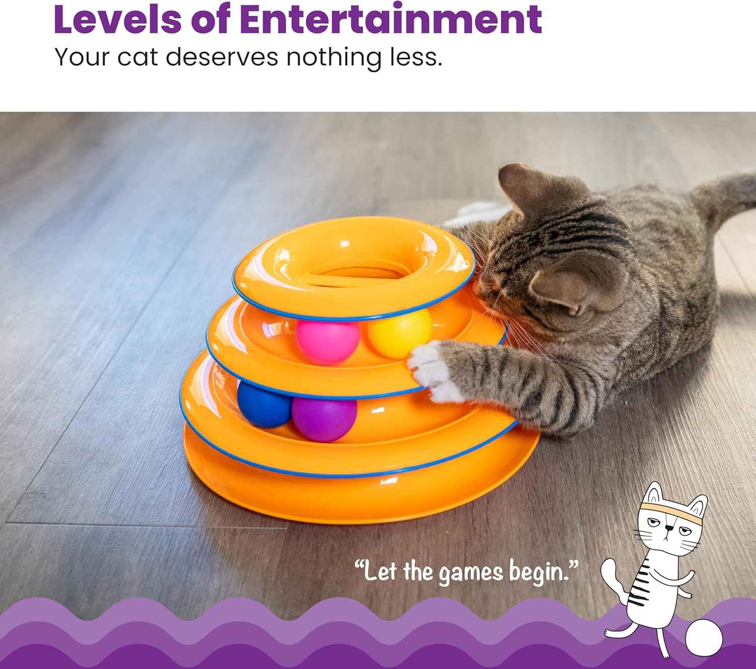 Catstages Tower of Tracks – 3-Level Interactive Cat Toy with 6 Spinning Balls, Non-Slip Base, Ideal for Indoor Cats, Orange