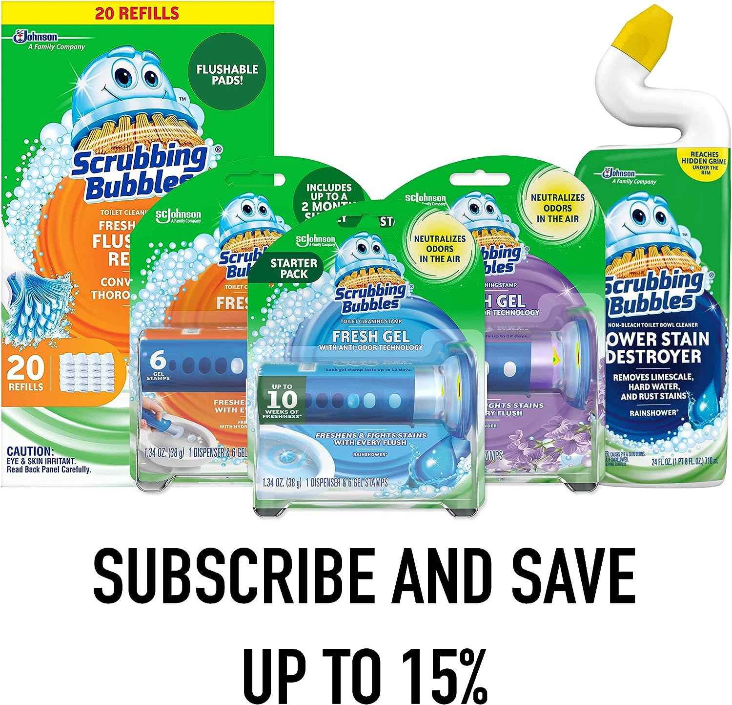 Scrubbing Bubbles Fresh Gel Toilet Bowl Cleaning Stamps, Helps Keep Toilet Clean and Helps Prevent Limescale & Rings, Rainshower Scent, 1 Dispenser with 6 Fresh Gel Stamps