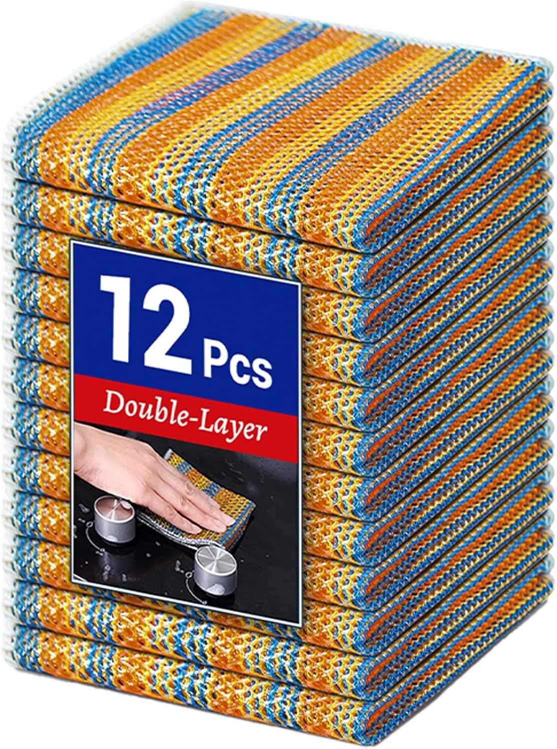 12 PCS 3-Layer Non-Scratch Multipurpose Steel Wire Dishcloths - Reusable Quick-Dry Odor-Free Scrub Cloths for Dishes, Kitchen Cleaning Cloths for Cookware, Sinks, Stove Tops(7.87X7.87)
