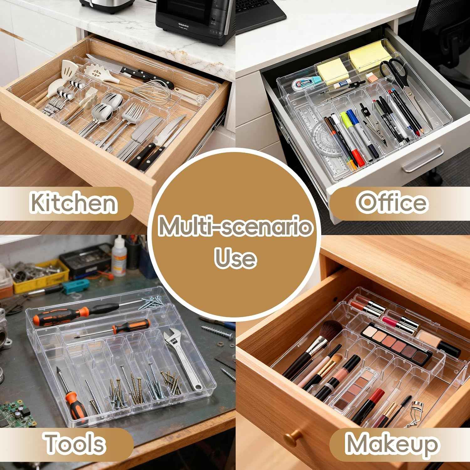 Expandable Silverware Organizers for Kitchen Drawer, Clear Utensil Drawer Organizer Tray, Adjustable Cutlery Flatware Holder for Spoon Fork Knife, Plastic Spatula Tools Gadgets Storage Divider