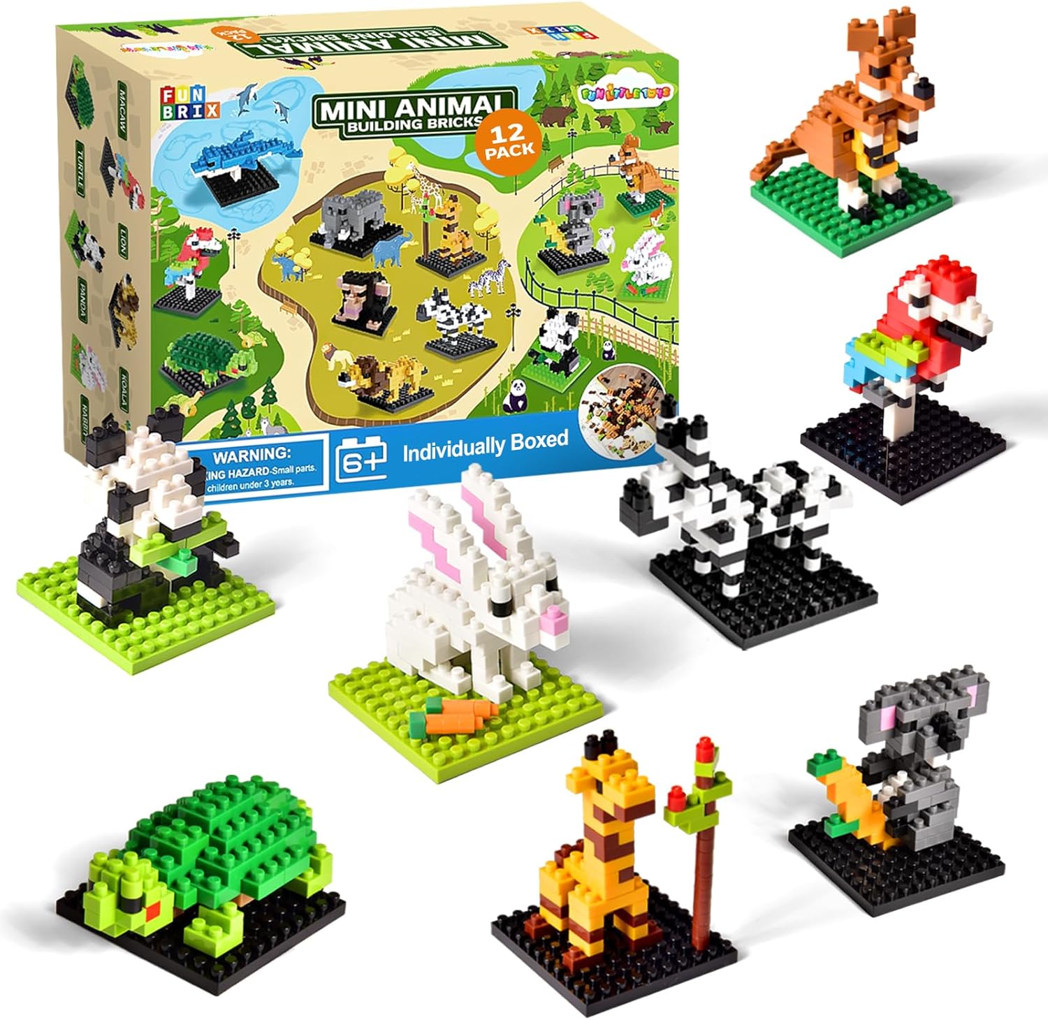 FUN LITTLE TOYS Mini Animal Building Blocks – 12 Pack, No Duplicates, Individually Boxed Zoo Sets for Kids 6-12, Party Favors, Classroom Prizes, Goodie Bag Stuffers & Easter Egg Fillers