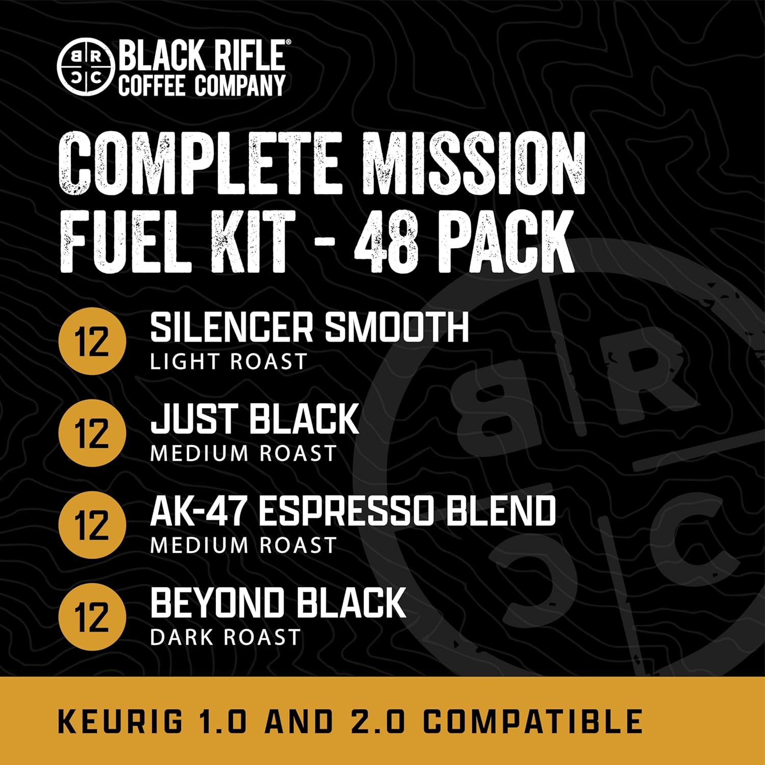 Black Rifle Coffee Company variety pack with 48 K Cups, including Silencer Smooth, AK Espresso, Just Black, and Beyond Black
