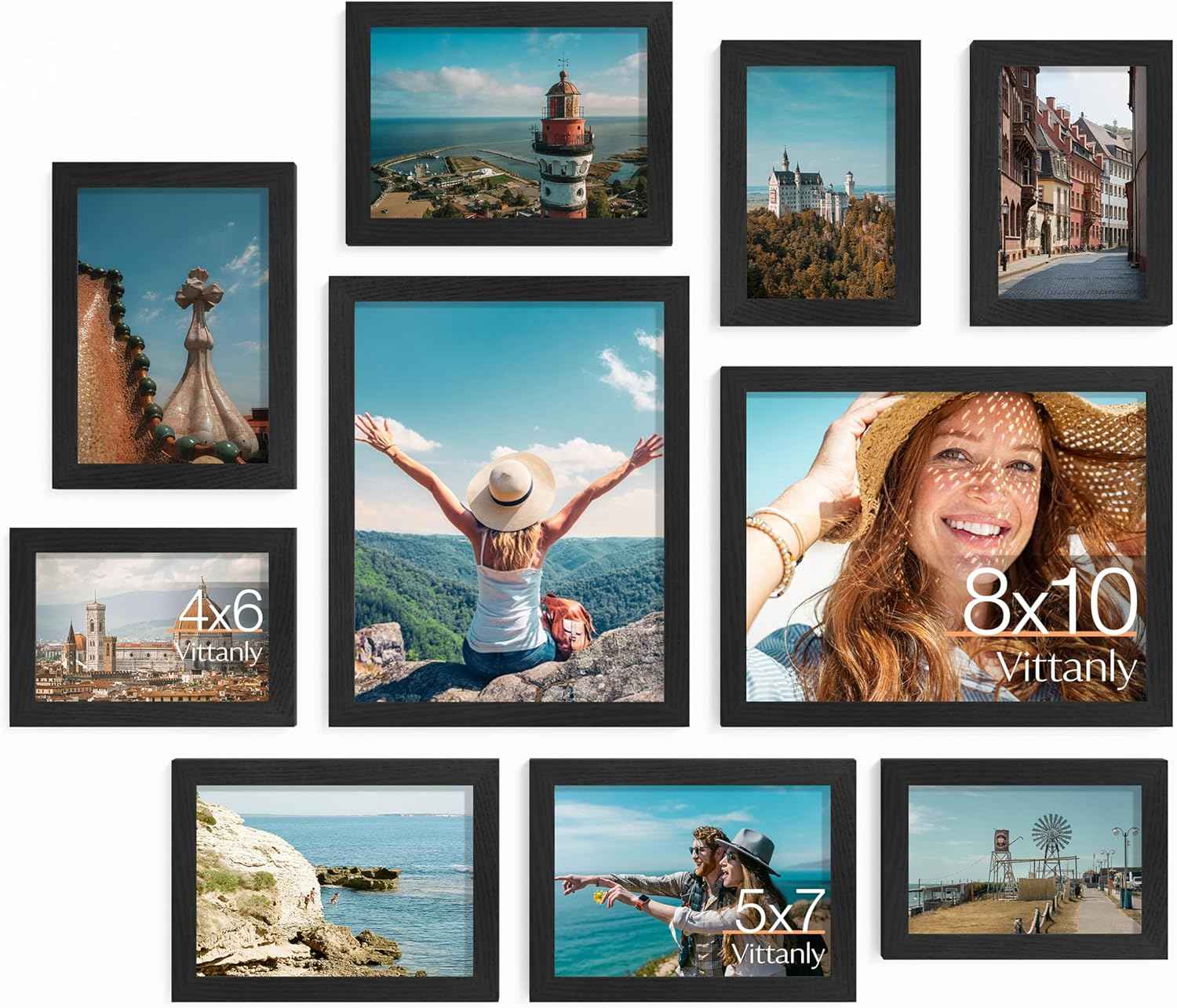 Vittanly 10 Pack Picture Frames Collage Wall Decor, Gallery Wall Frame Set for Wall or Tabletop Display, Engineered Wood and Shatter-resistant Plexiglass, Multi Sizes with 8x10, 5x7, 4x6 Frames, Black