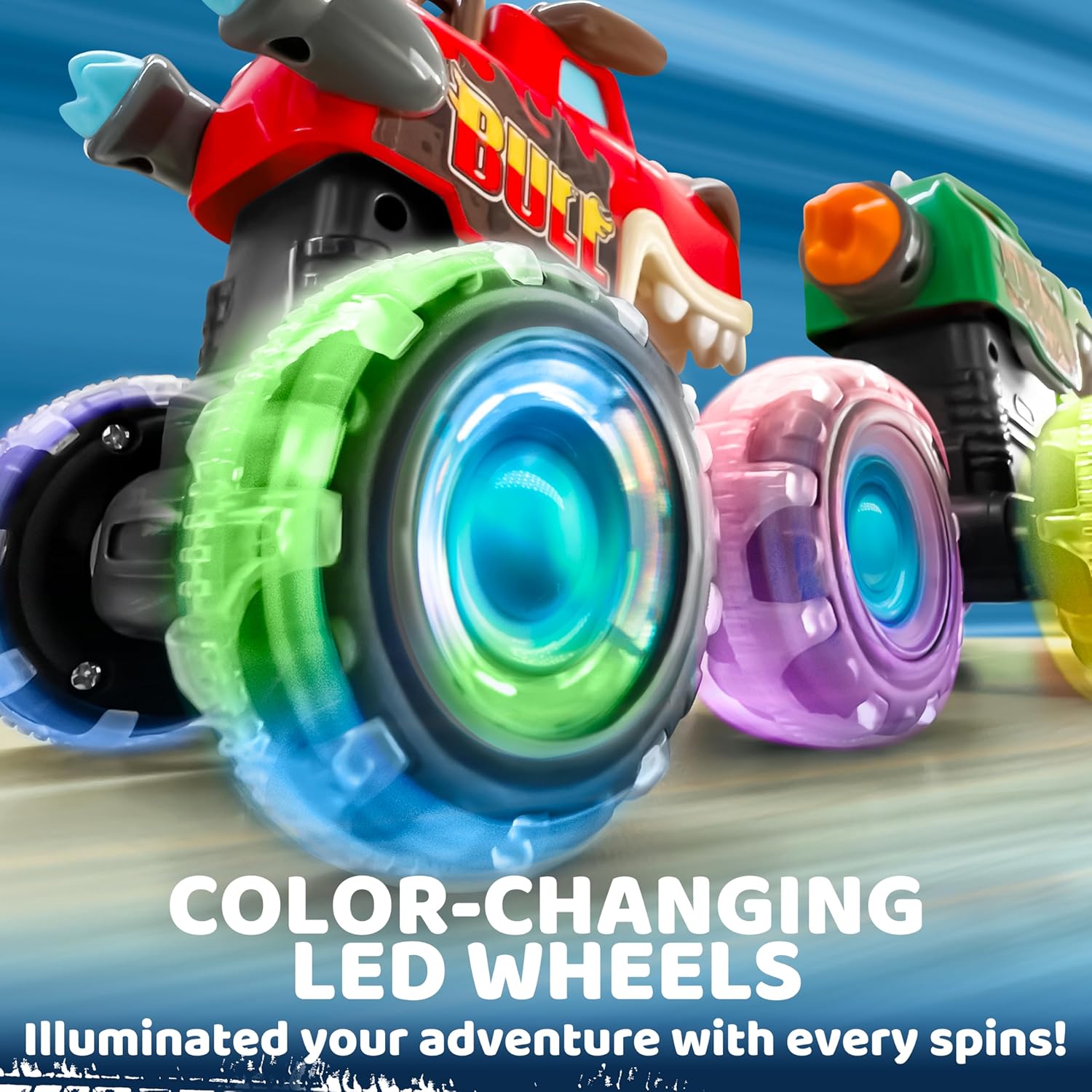 JOYIN 3 Pack Monster Truck Toy - Motion Activated Light Up Cars for Toddlers - Monster Glow Rover LED Wheels - Baby Boy Toys - Press and Go Dinosaur Trucks for Kids Boy Birthday Gifts