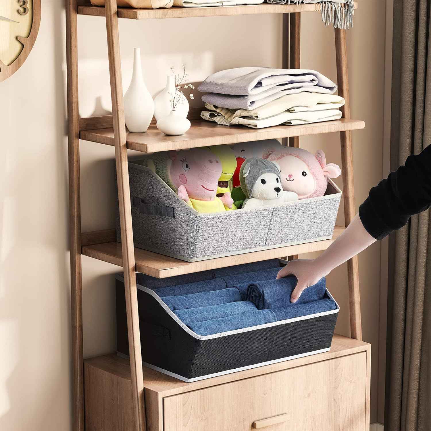 Closet Organizers Bins 6 Packs - Large Closet Shelf Organizer with Handles, Fabric Trapezoid Storage Bins, Collapsible Storage Cubes for Clothes, Towels, Light Gray