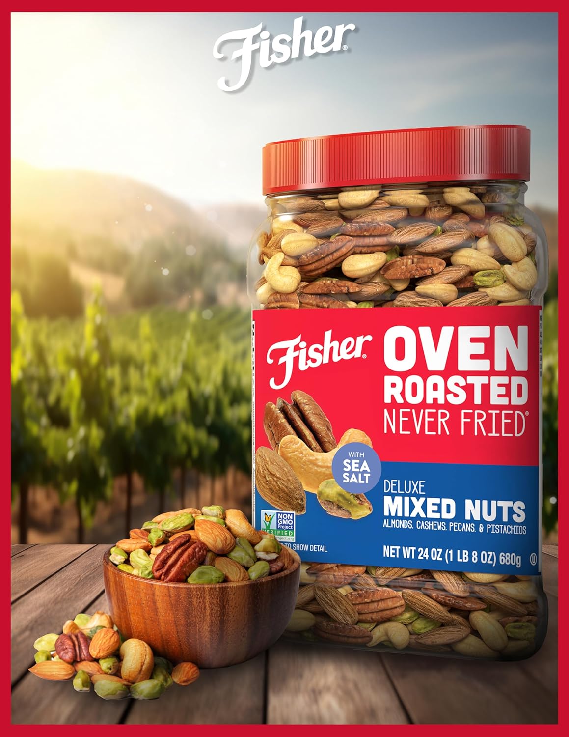 Fisher Oven Roasted Deluxe Mixed Nuts, 24 Ounces, No Added Oil, Gluten Free, Almonds, Cashews, Pecans, Pistachios
