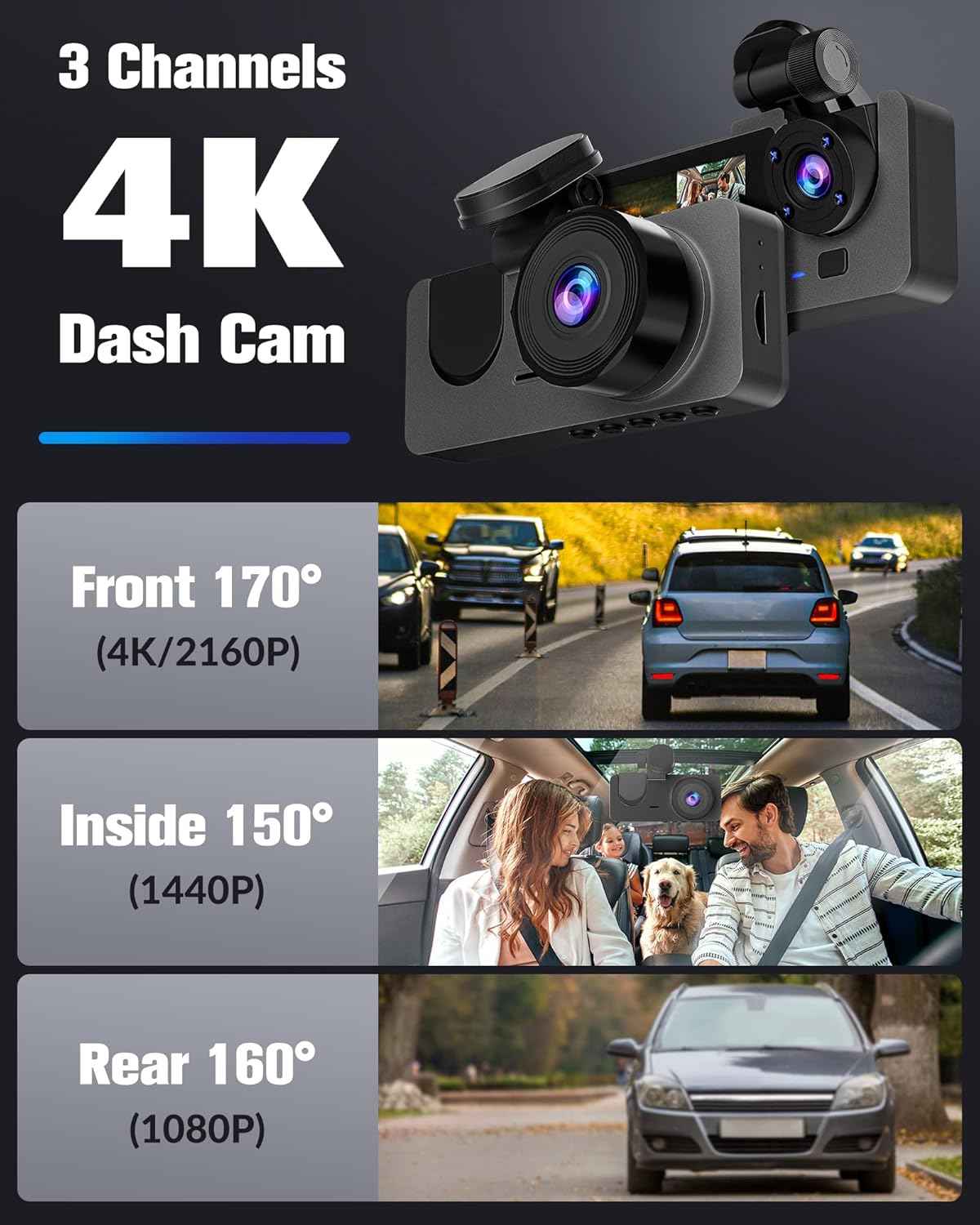 Dash Camera for Cars,4K Full UHD Car Camera Front Rear with 32GB Card,Built-in Super Night Vision,2.0'' IPS Screen,170°Wide Angle,WDR, 24H Parking Mode, Loop Recording.